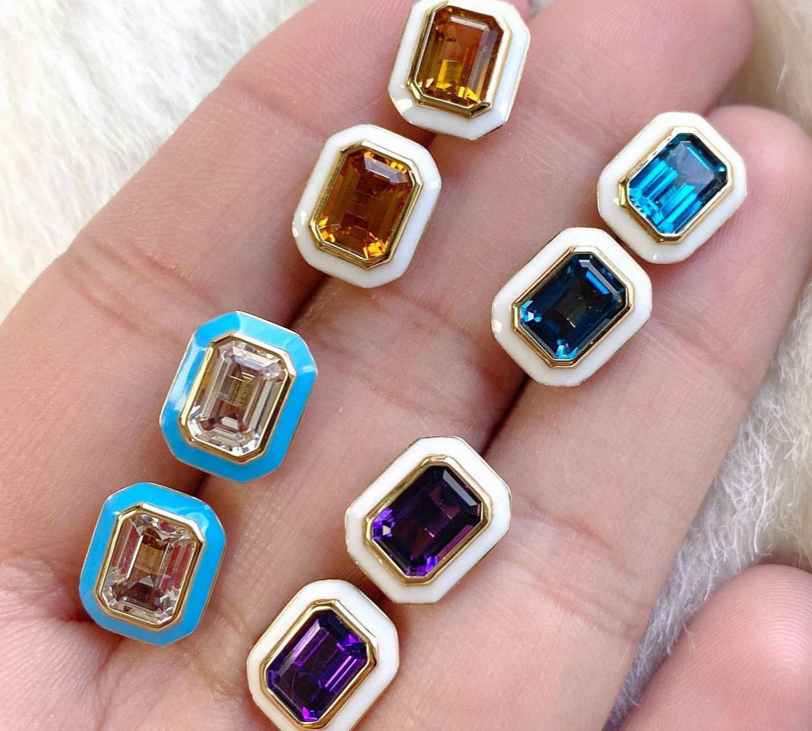 Emerald-Cut Studs with Enamel Stud Earrings Goshwara