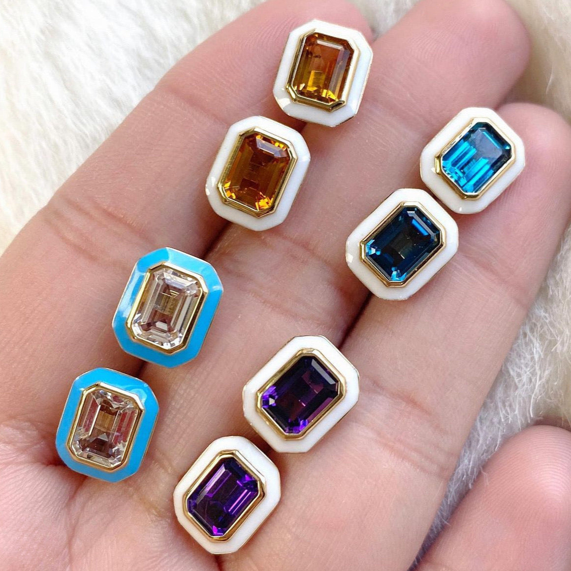 Emerald-Cut Studs with Enamel Stud Earrings Goshwara