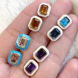 Emerald-Cut Studs with Enamel Stud Earrings Goshwara