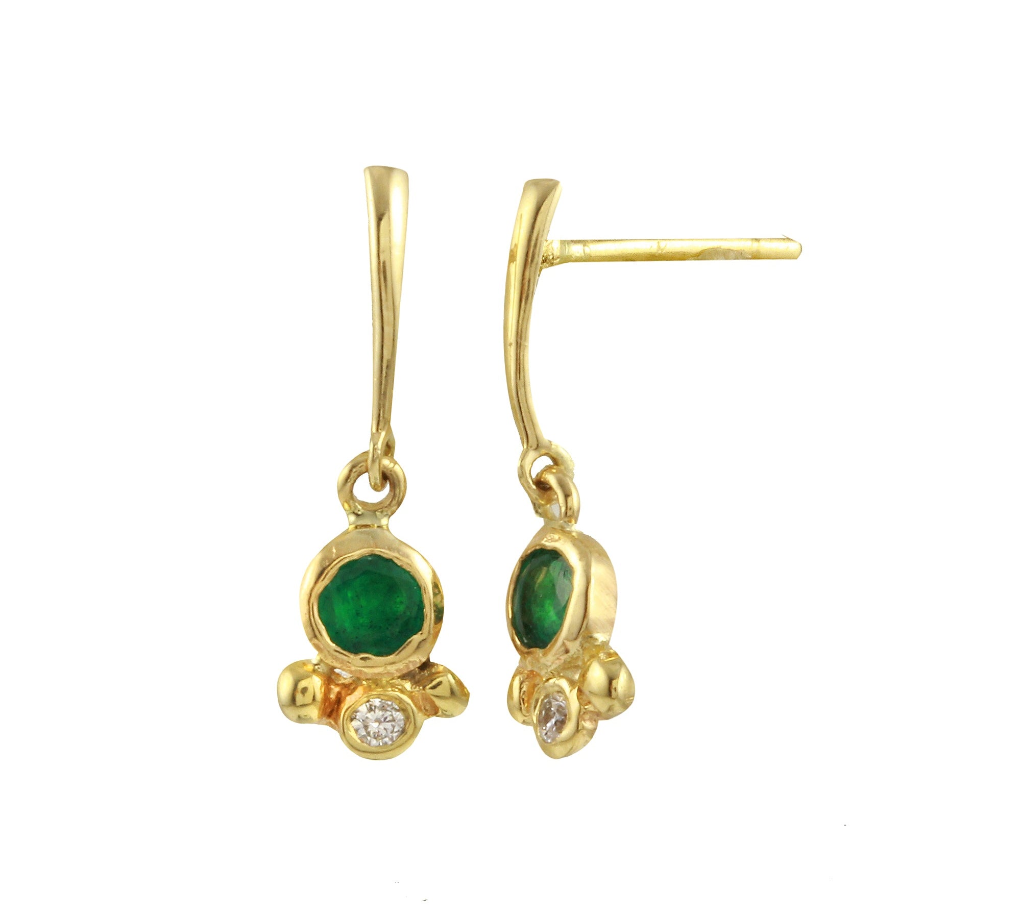 Emerald Bezel w/ Diamond Gold Line Dangle Stud Drop Earrings Jaine K Designs Pair