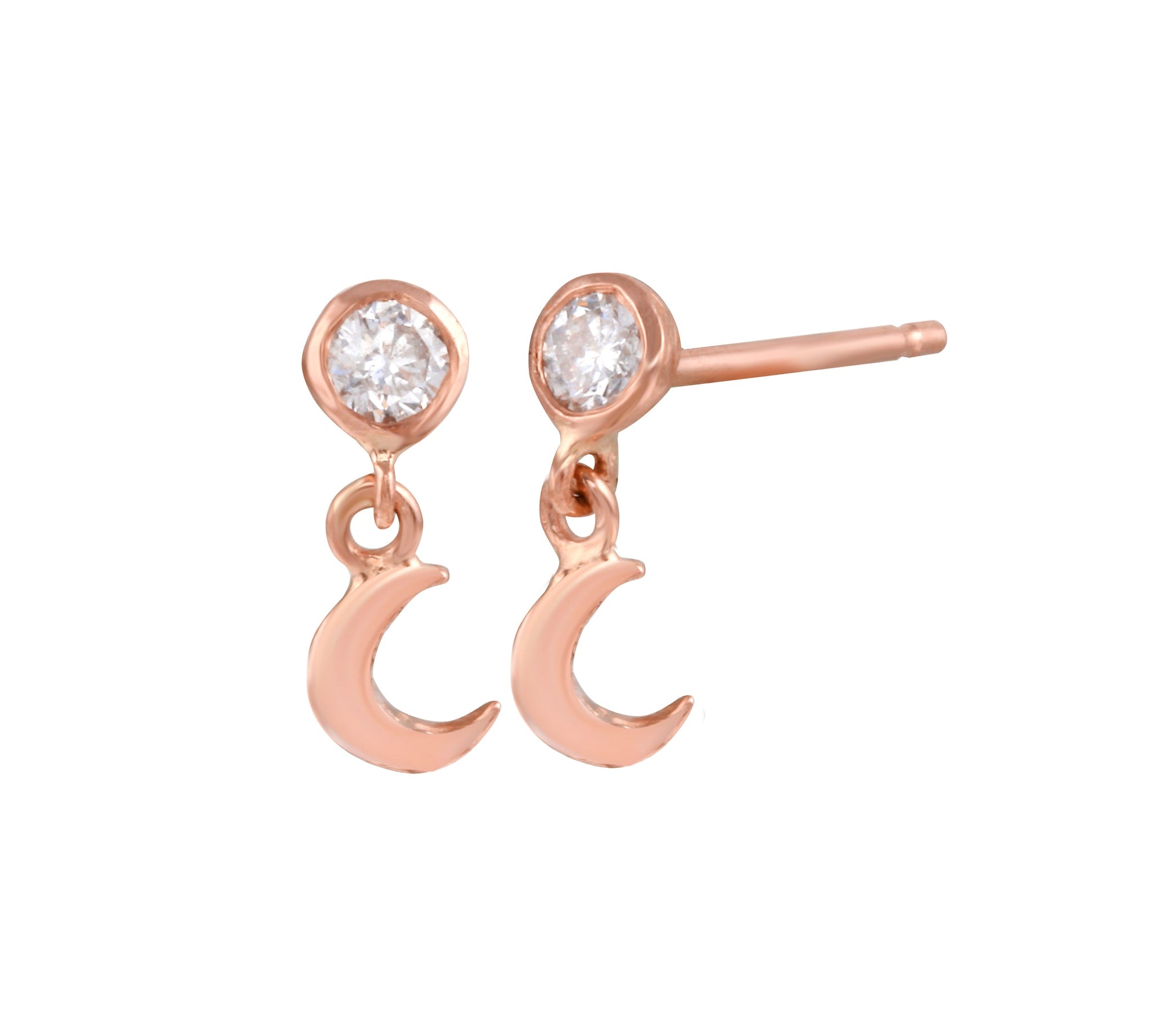 Diamond Bezel with Crescent Moon Stud Earring Drop Earrings Jaine K Designs Pair Rose Gold