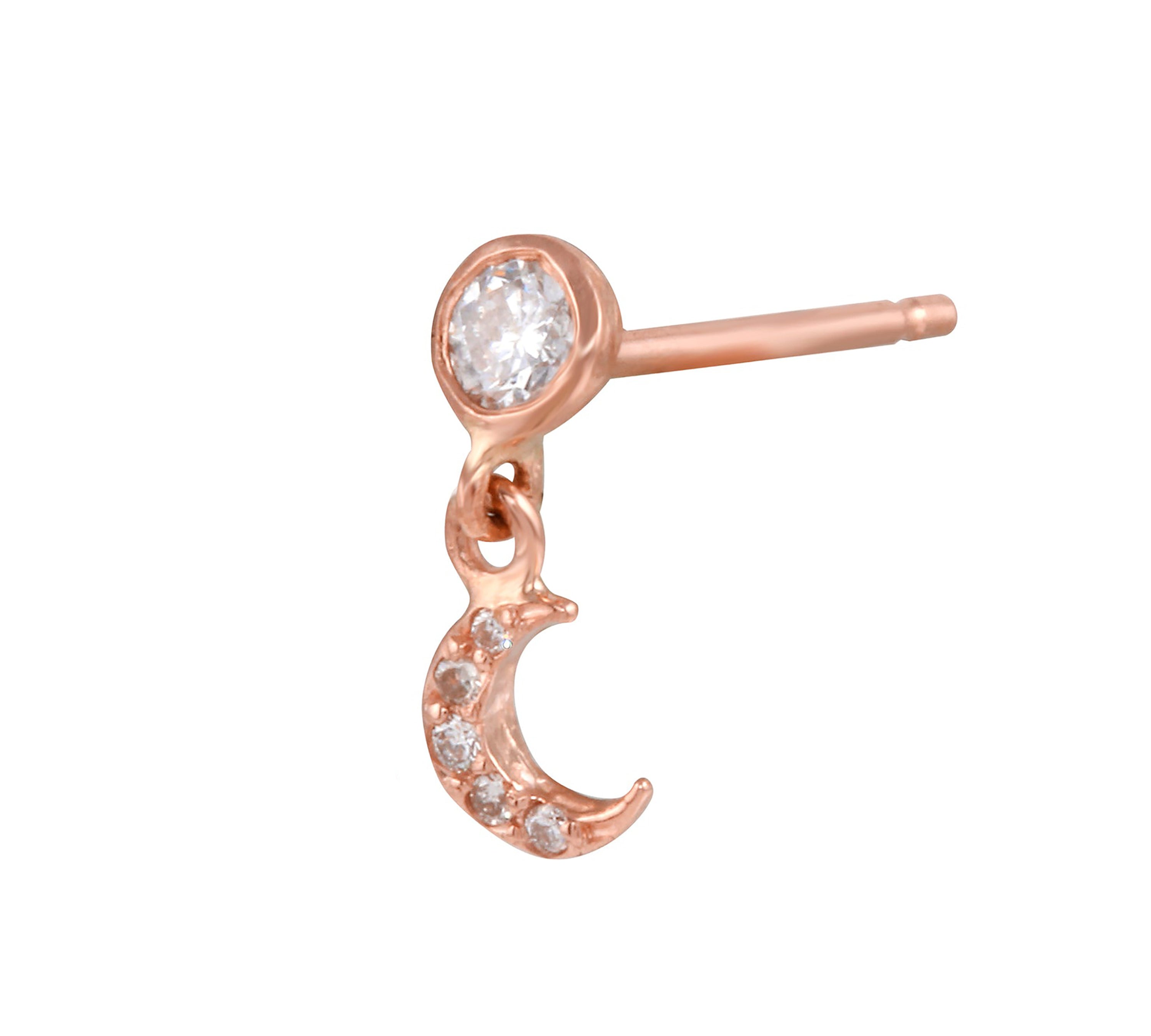 Twinkling Pave Crescent Moon Dangle Earring Drop Earrings Jaine K Designs Single Rose Gold