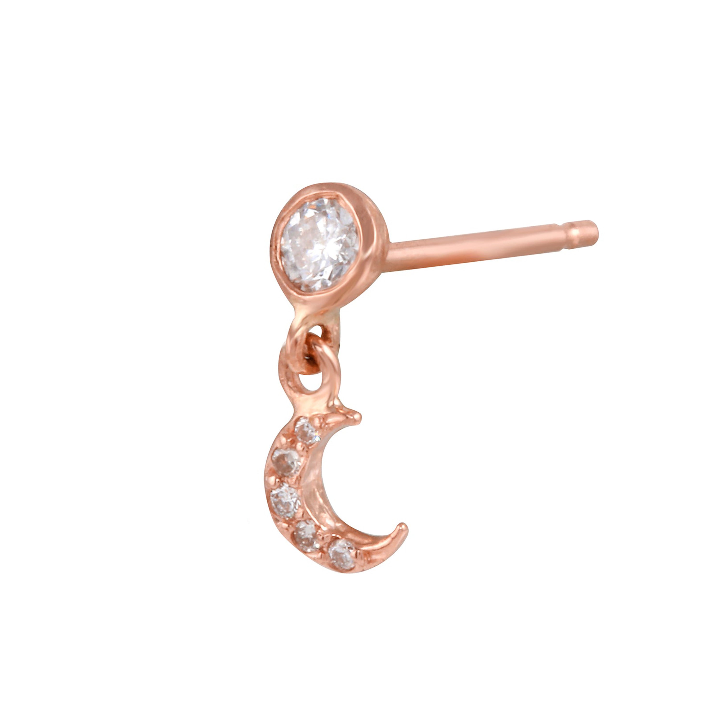 Twinkling Pave Crescent Moon Dangle Earring Drop Earrings Jaine K Designs Single Rose Gold