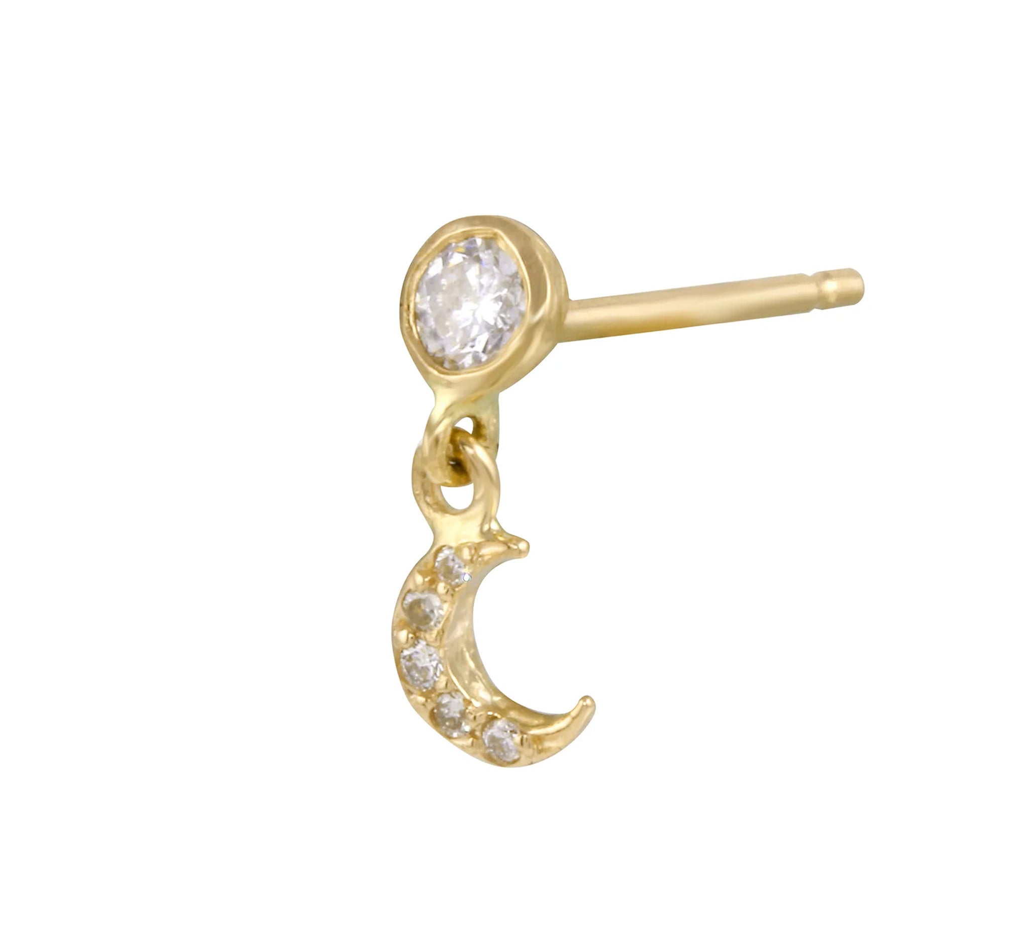 Twinkling Pave Crescent Moon Dangle Earring Drop Earrings Jaine K Designs Single Yellow Gold