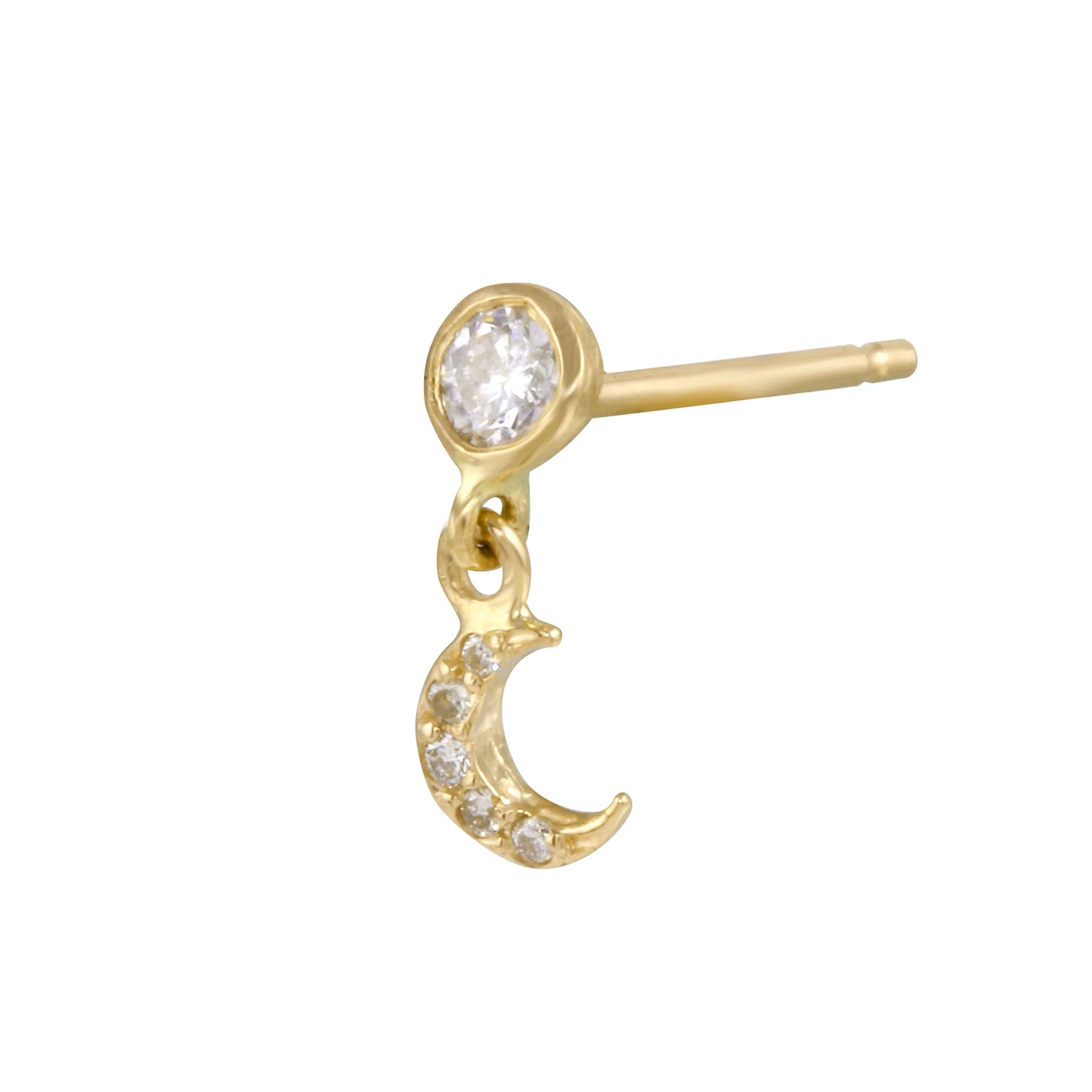 Twinkling Pave Crescent Moon Dangle Earring Drop Earrings Jaine K Designs Single Yellow Gold