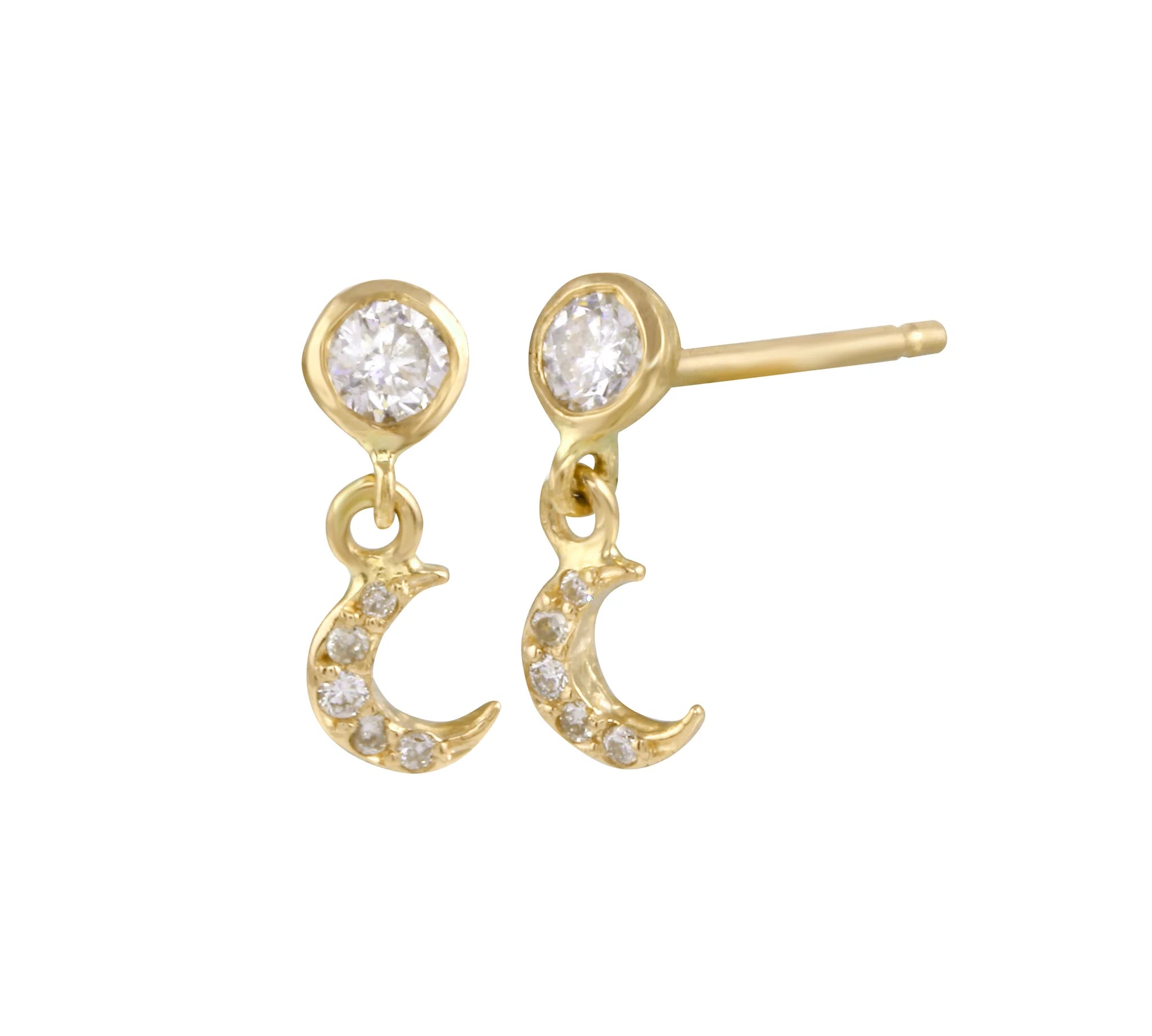 Twinkling Pave Crescent Moon Dangle Earring Drop Earrings Jaine K Designs Pair Yellow Gold