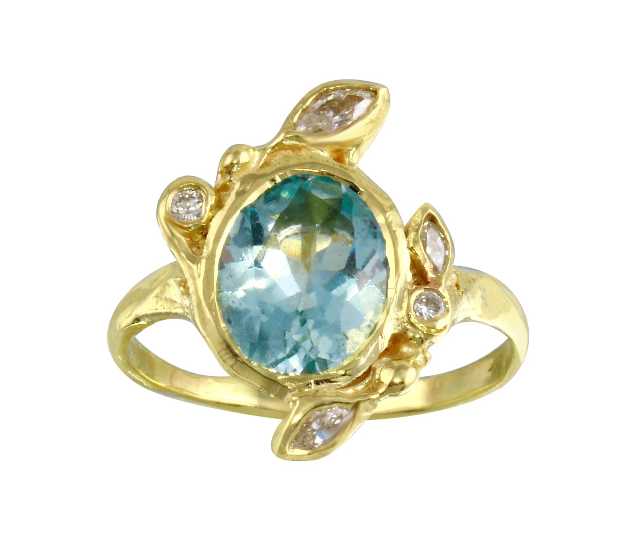 Aquamarine & Diamond Leaves Ring Cocktail Ring Jaine K Designs Yellow Gold