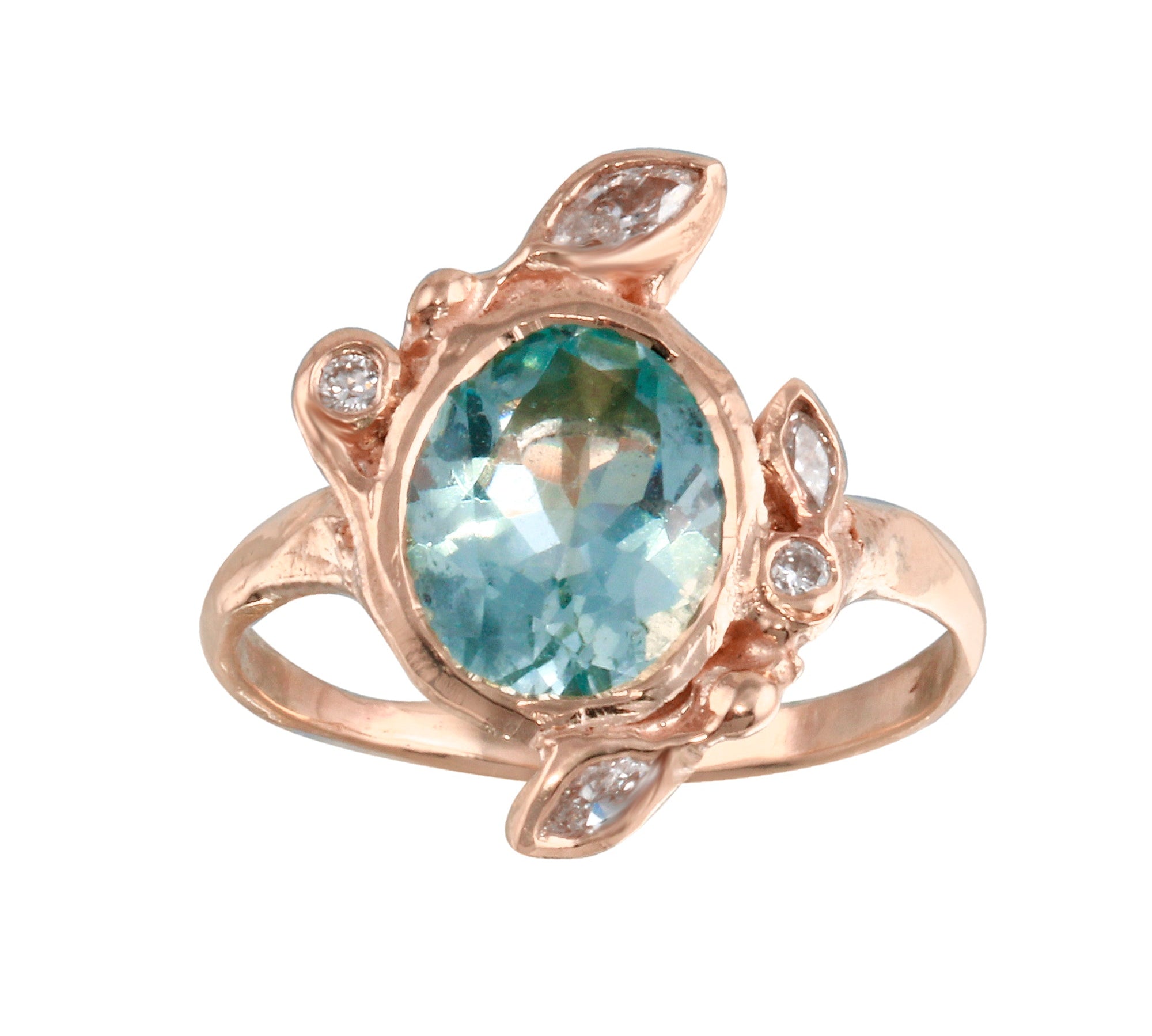 Aquamarine & Diamond Leaves Ring Cocktail Ring Jaine K Designs Rose Gold