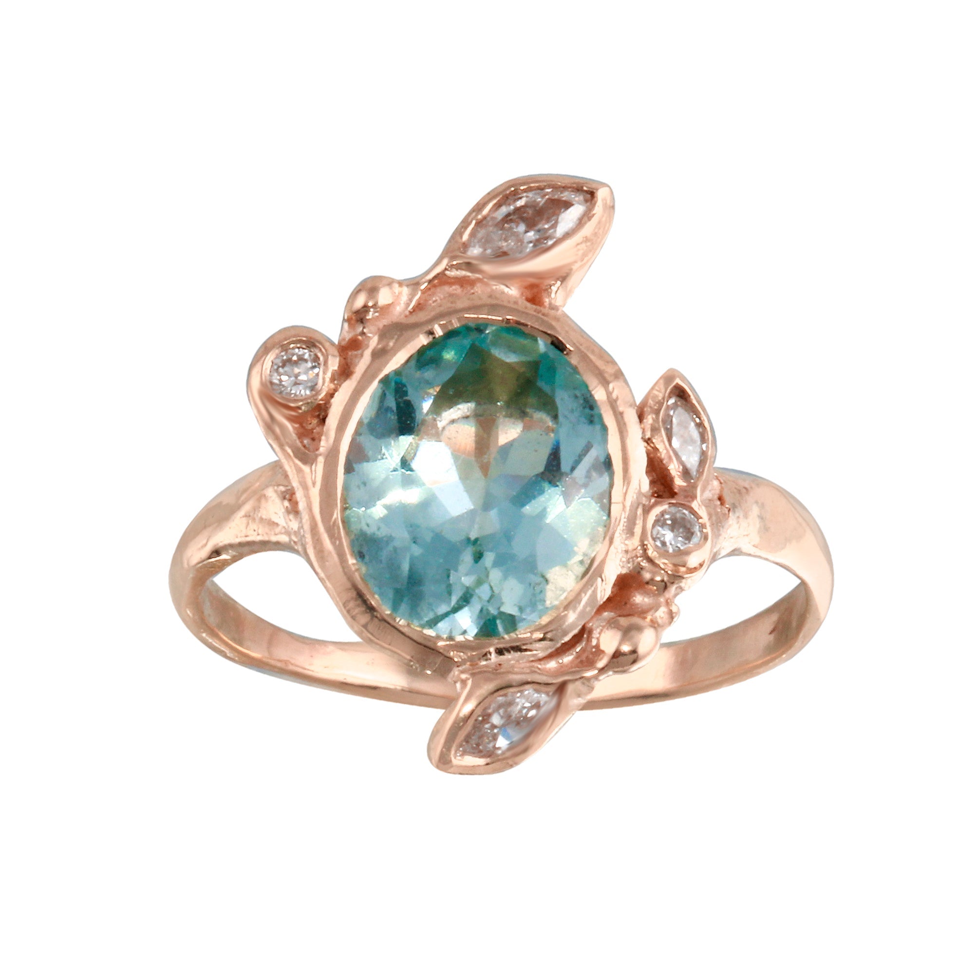 Aquamarine & Diamond Leaves Ring Cocktail Ring Jaine K Designs Rose Gold