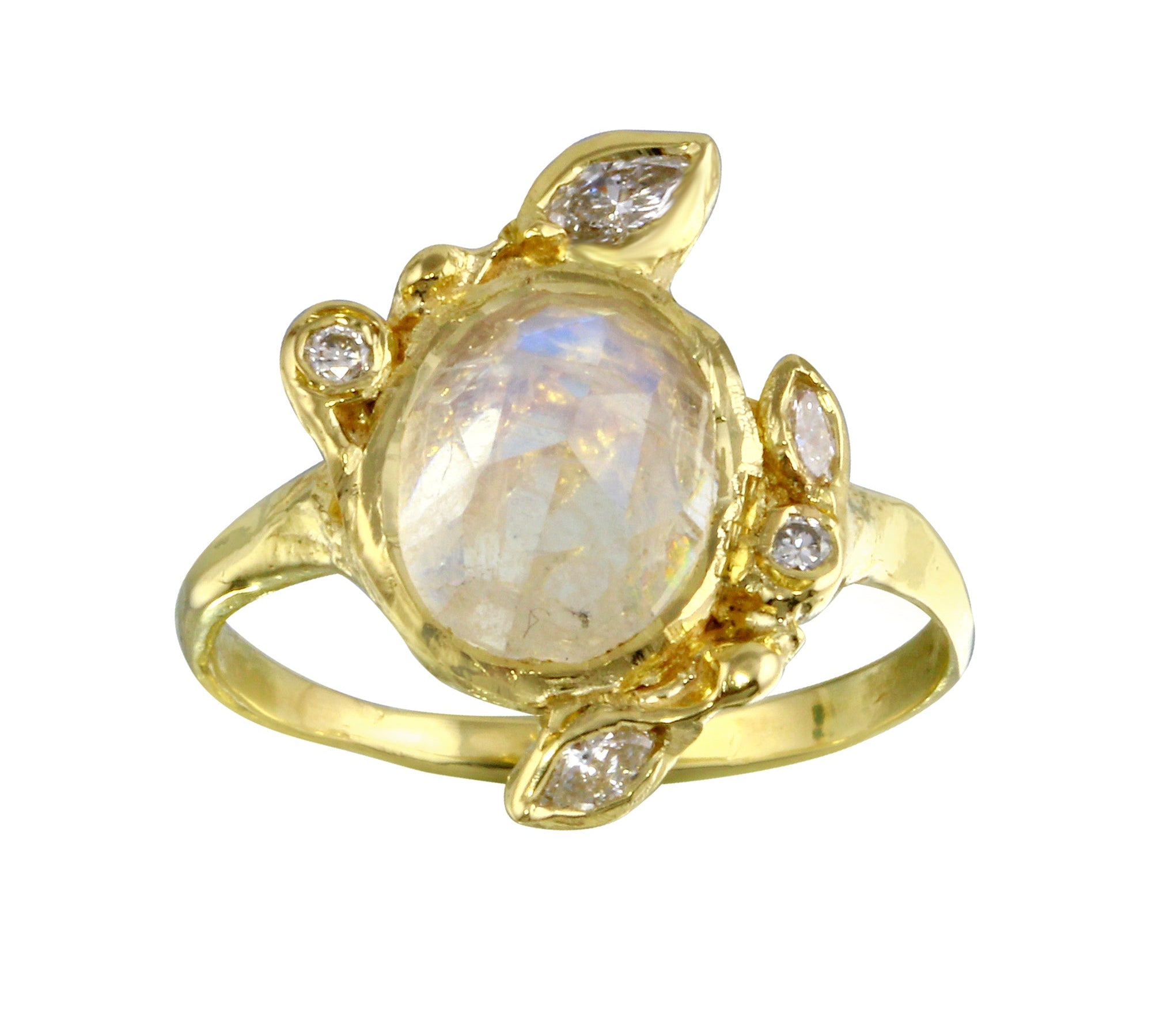 Moonstone with Diamond Leaf Ring Cocktail Ring Jaine K Designs Yellow Gold