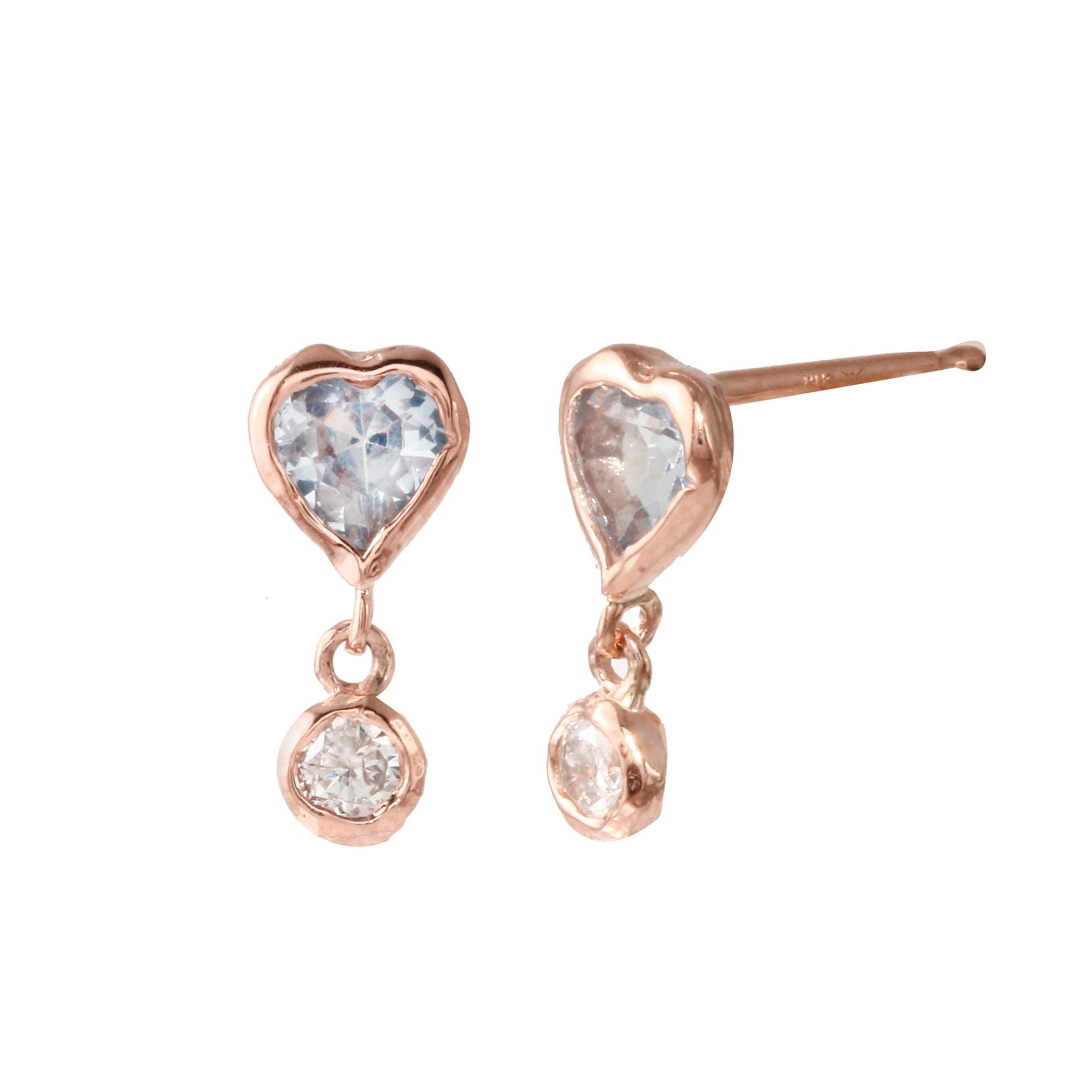Dainty Aquamarine Heart w/ Single Diamond Dangle Drop Earrings Jaine K Designs Pair