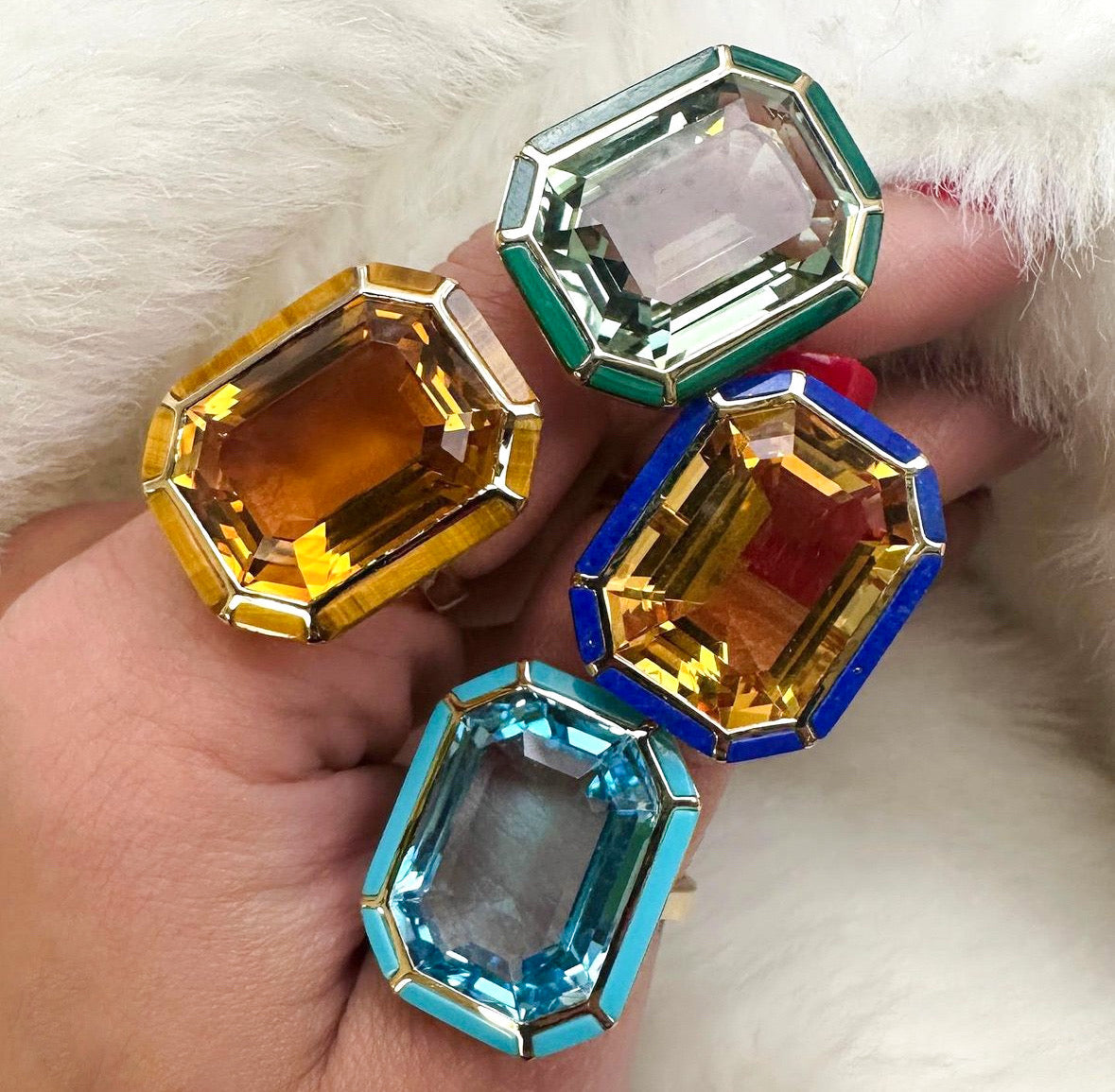 Stone Inlay Emerald-Cut Ring Cocktail Ring Goshwara