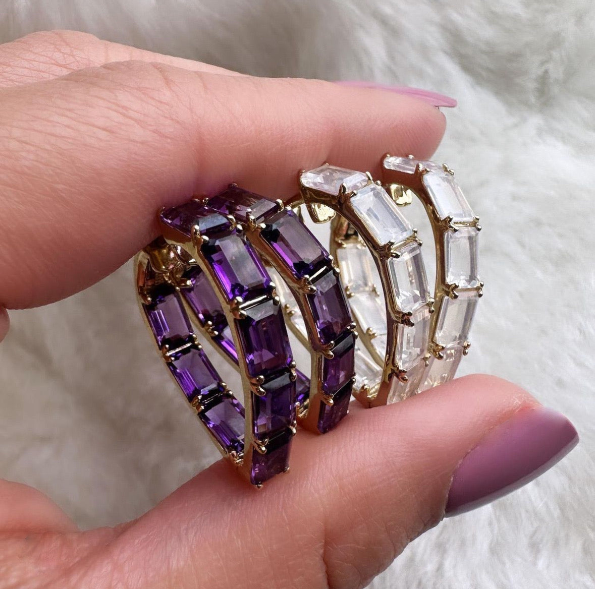 Lavender Emerald-Cut Heart Hoops Hoop Earrings Goshwara