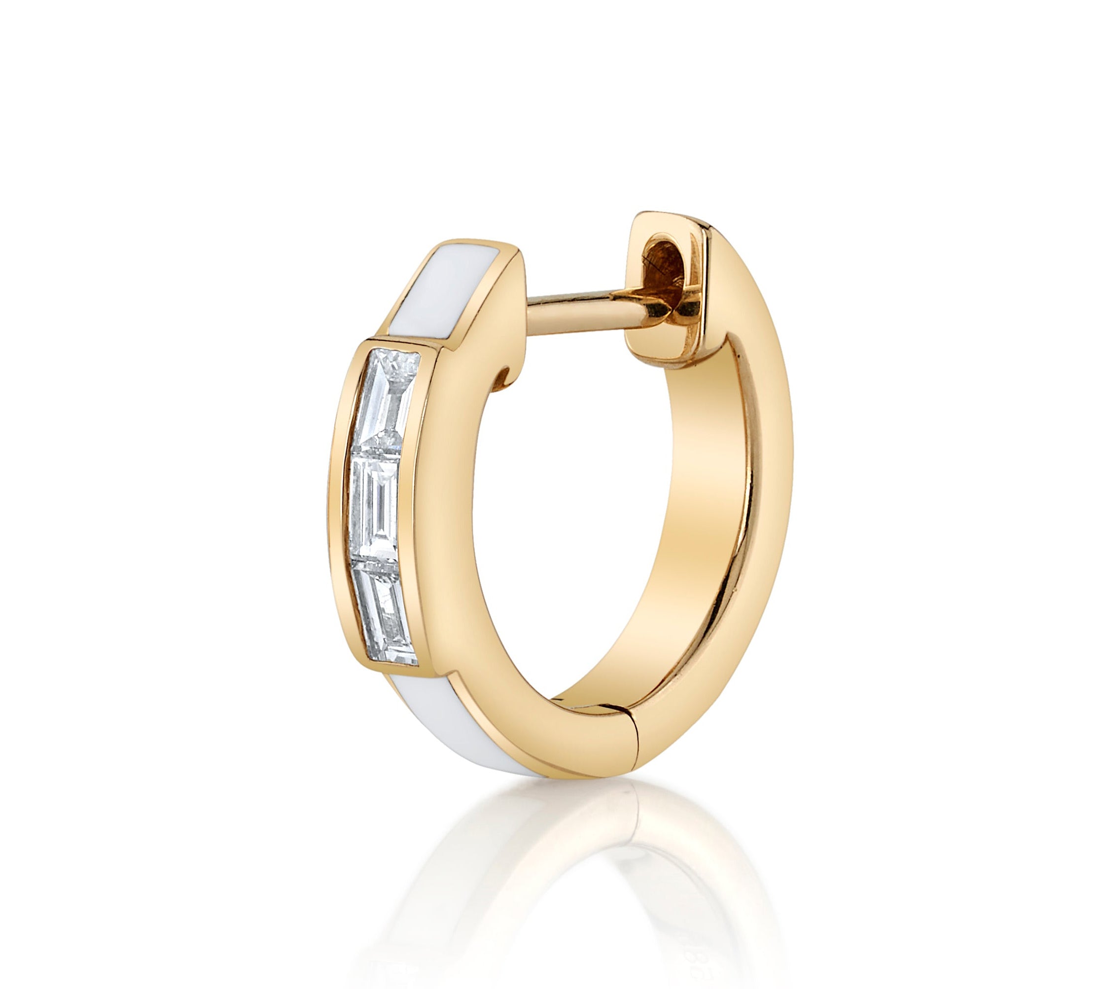 White Enamel Diamond-Baguette Huggie Huggie Earrings Roseark Deux Single