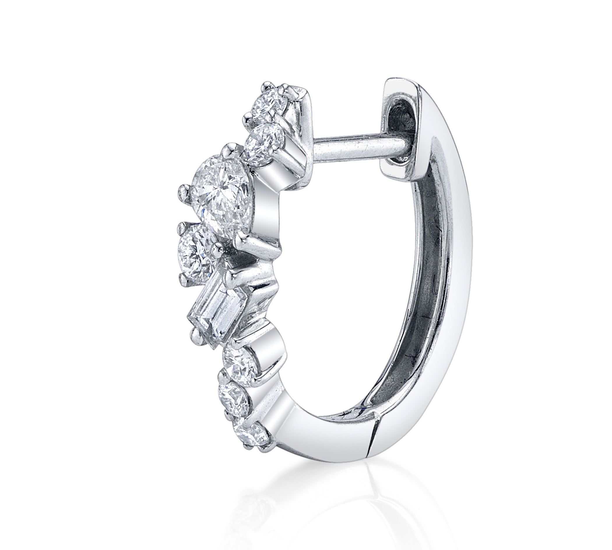 Baguette Tear Round Cluster Diamond Huggie Huggie Earrings Roseark Deux White Gold