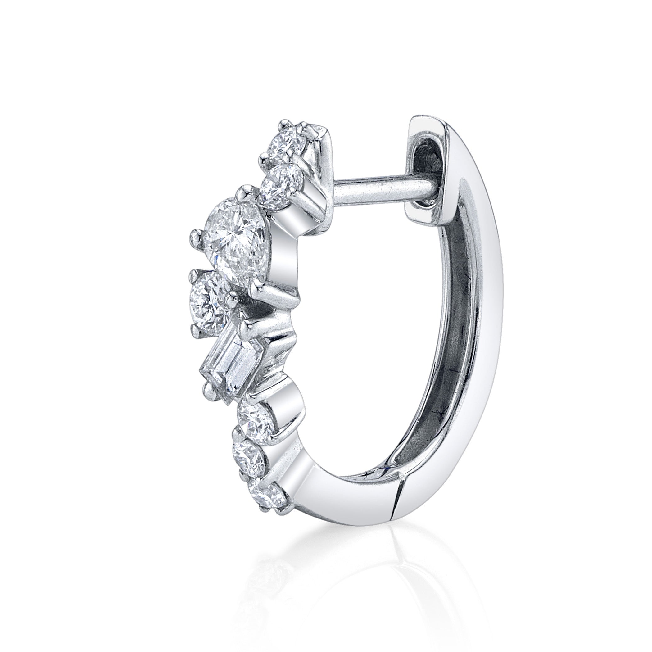 Baguette Tear Round Cluster Diamond Huggie Huggie Earrings Roseark Deux White Gold
