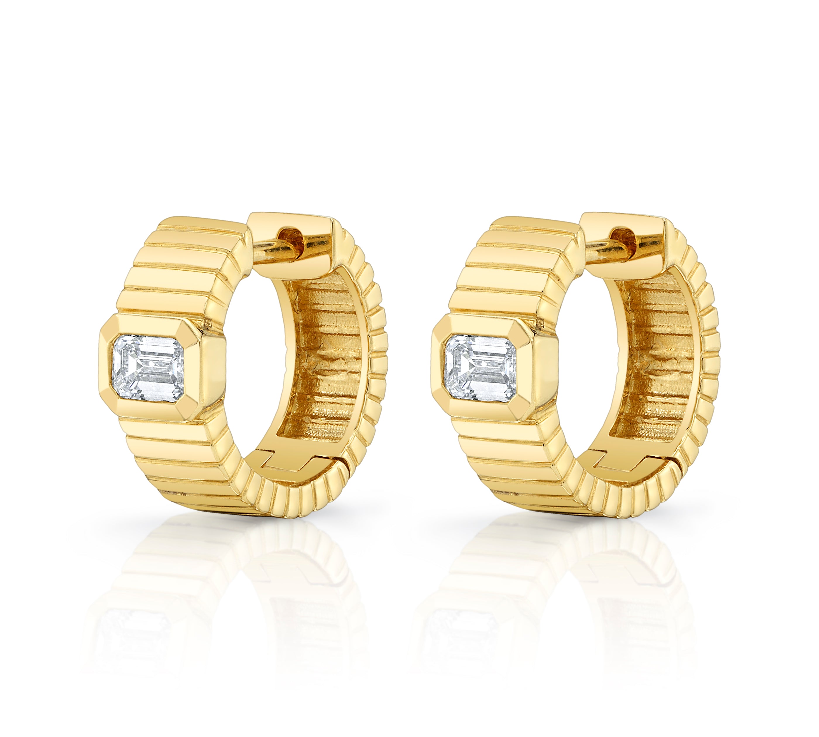 Ridged Huggie with Emerald Cut Diamond Huggie Earrings Roseark Deux Pair