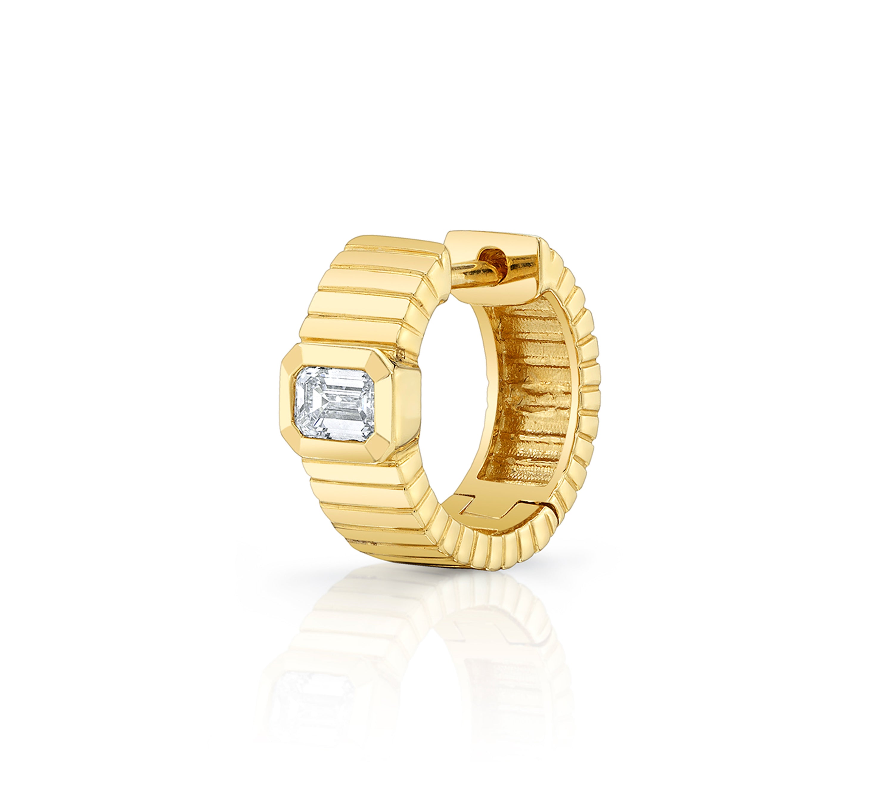 Ridged Huggie with Emerald Cut Diamond Huggie Earrings Roseark Deux Single