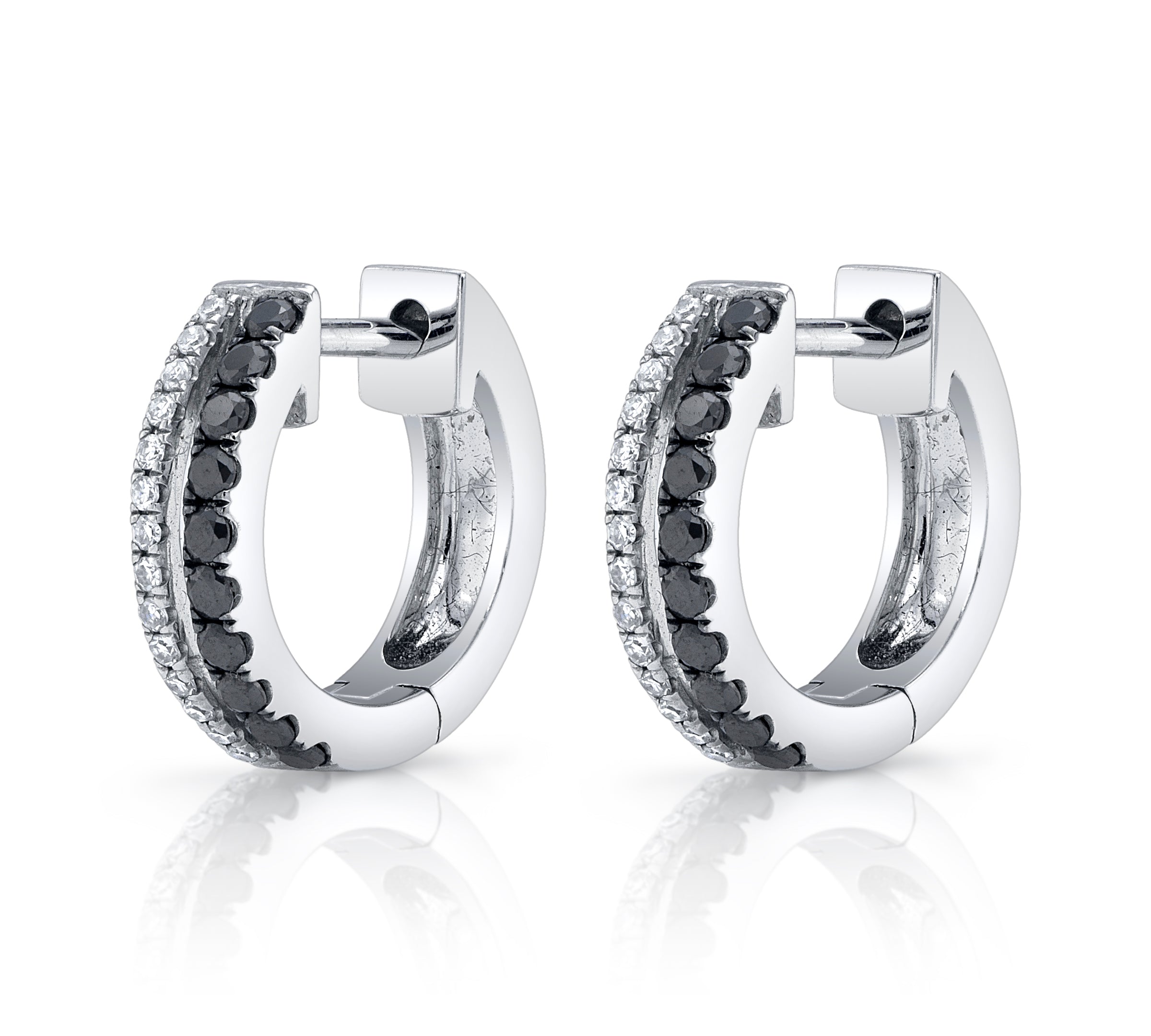 Black and White Diamond Hoop Huggie Earrings Roseark Deux White Gold Pair
