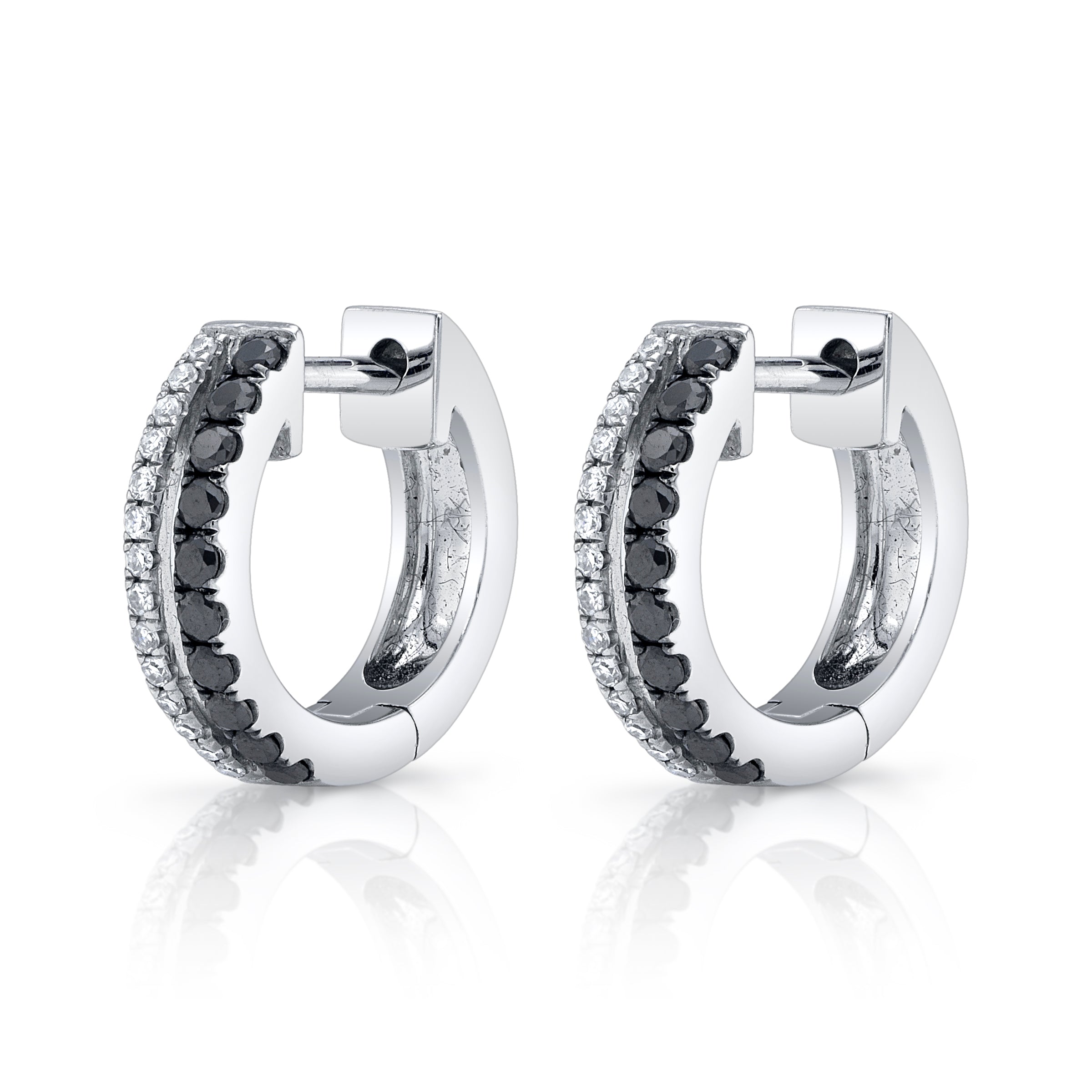 Black and White Diamond Hoop Huggie Earrings Roseark Deux White Gold Pair