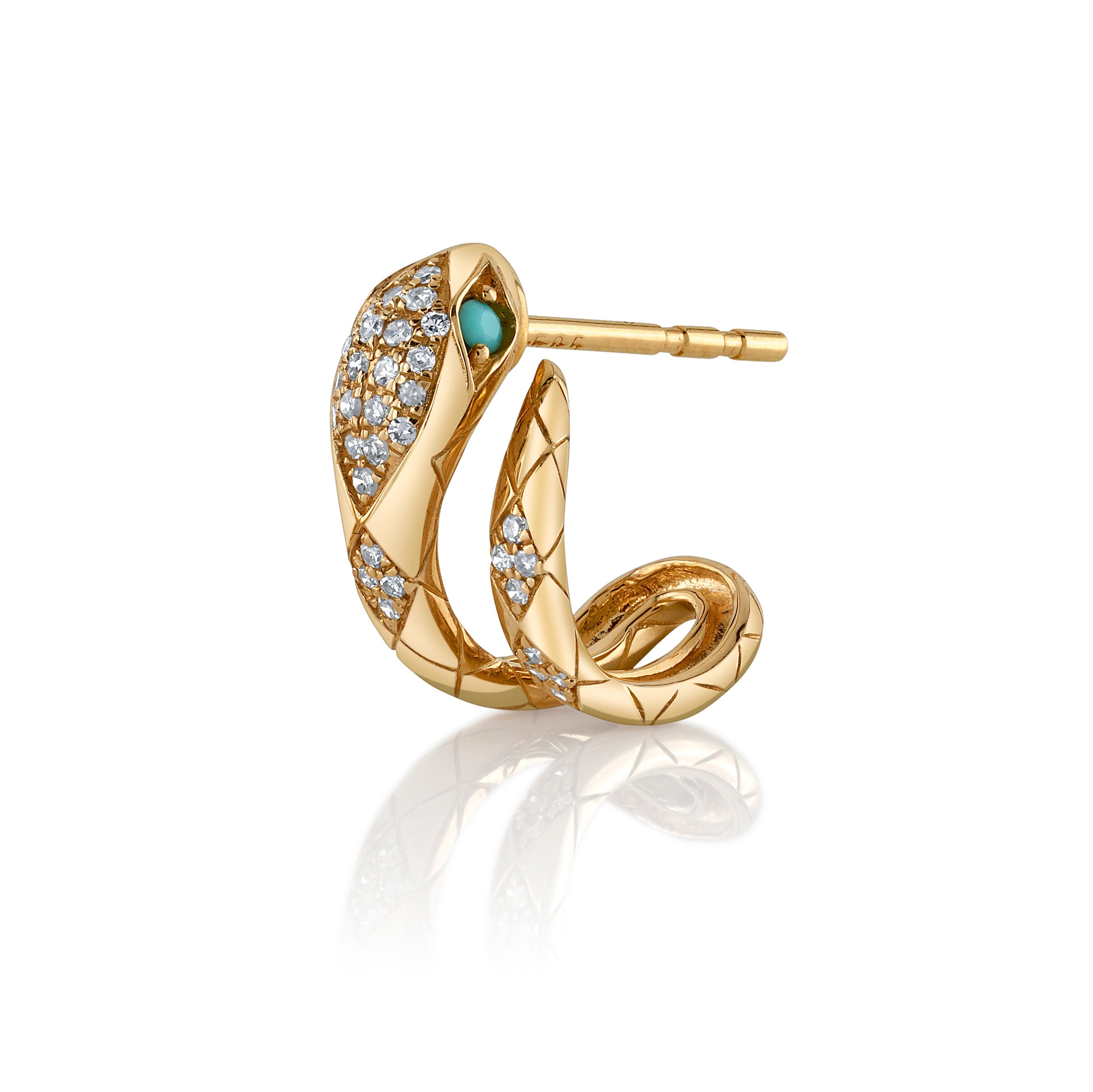 Diamond Snake Half-Huggie with Turquoise Eyes Huggie Earrings Roseark Deux Single  