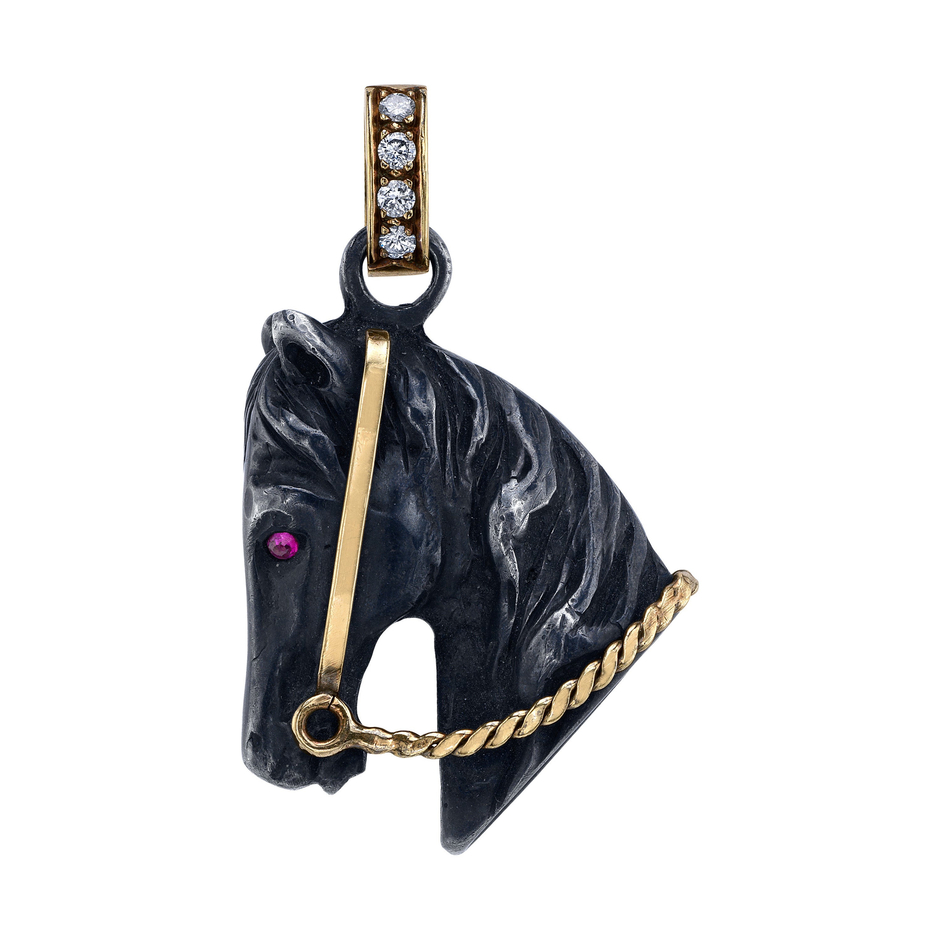 Bespoke Blackened Horse Pendant with Ruby Eyes Pendant Roseark Vintage   
