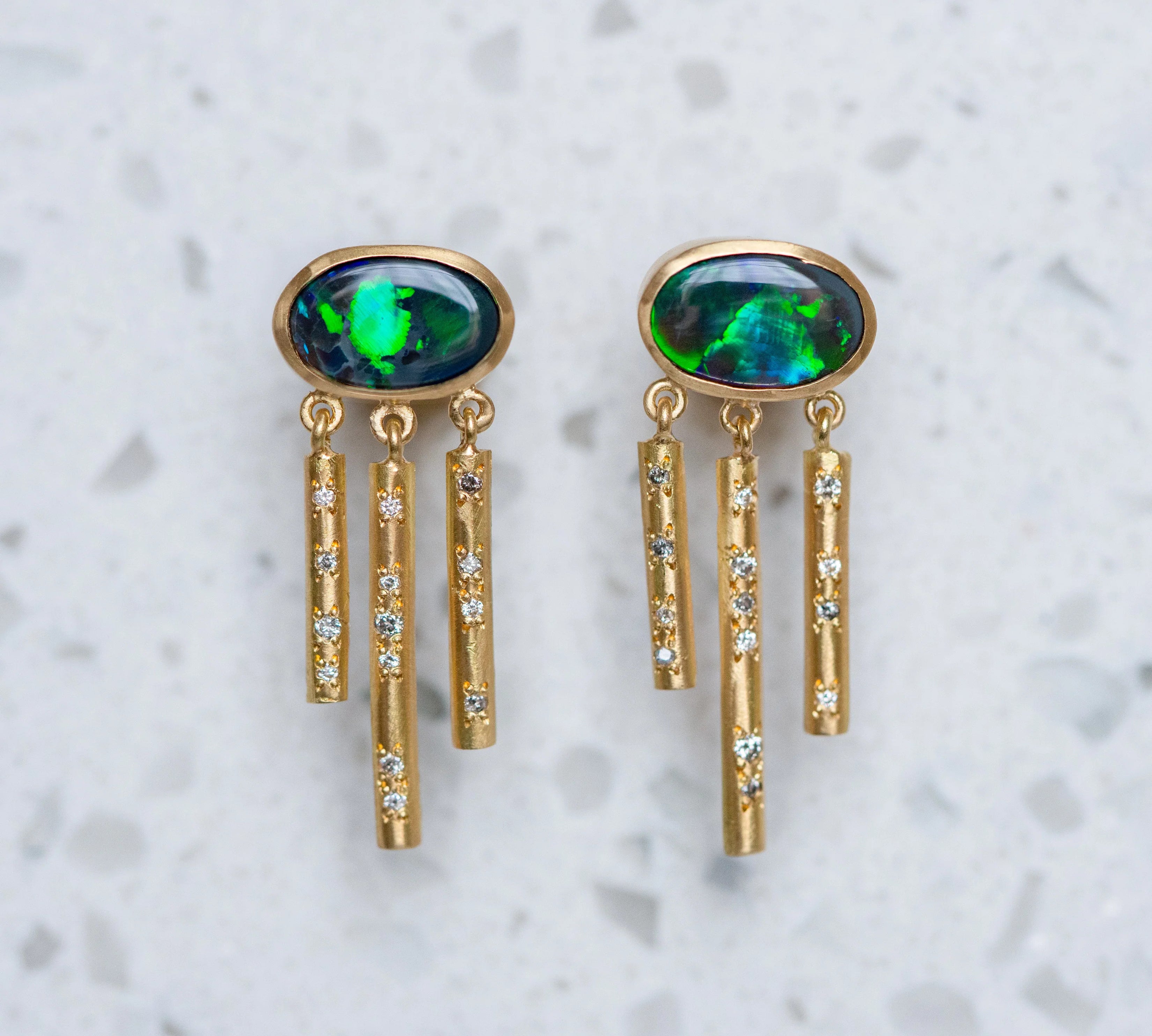 Black Opal Chime Earrings with Salt Pepper Diamonds Drop Earrings Sarah Gardner Fine Jewelry   