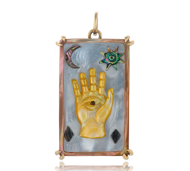 Hamsa Sacred Symbol Tablet Charm Charm Maura Green 14k Yellow Gold  