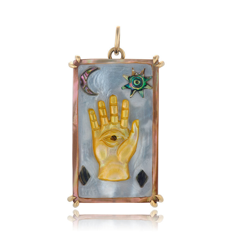 Hamsa Sacred Symbol Tablet Charm Charm Maura Green 14k Yellow Gold  