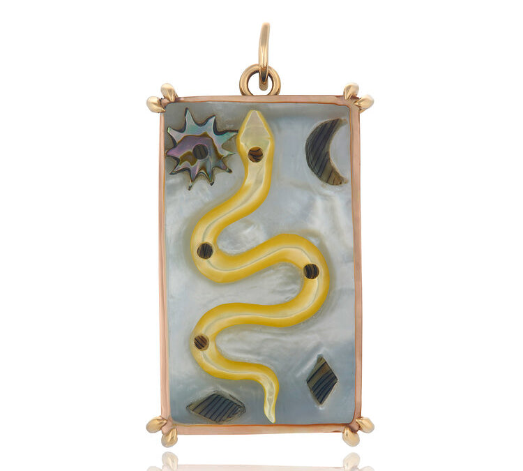 Serpent Sacred Symbol Tablet Charm Charm Maura Green 14k Yellow Gold  