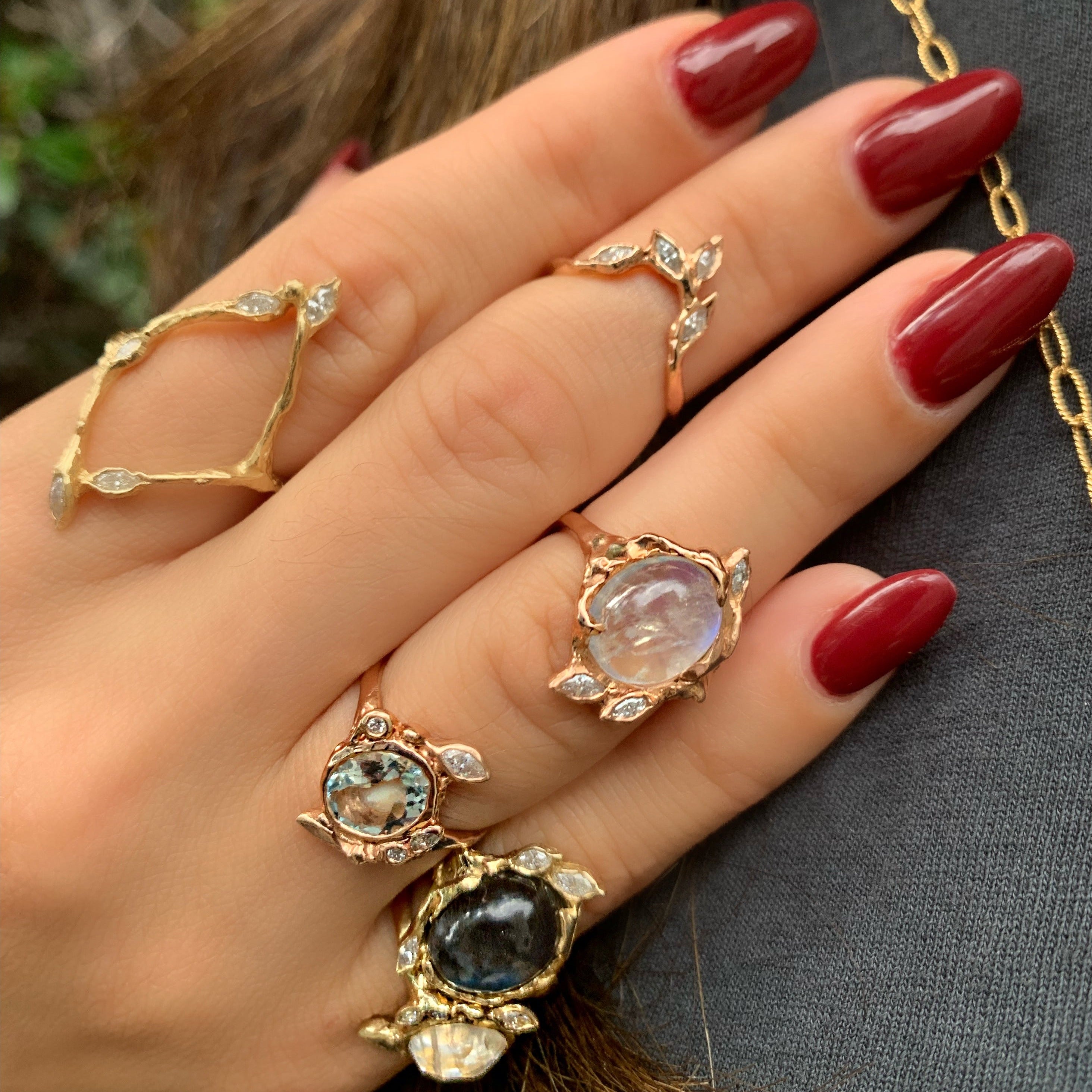 Aquamarine & Diamond Leaves Ring Cocktail Ring Jaine K Designs