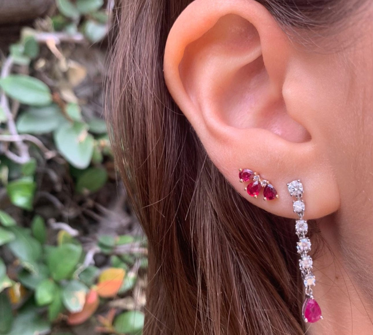 Diamond Dangle Earrings with Ruby Drop, Single Drop Earrings Roseark Deux