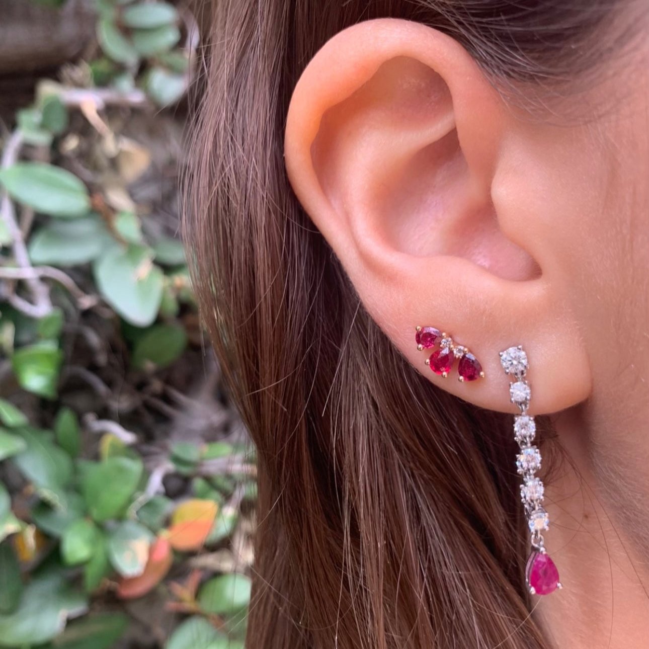 Diamond Dangle Earrings with Ruby Drop, Single Drop Earrings Roseark Deux