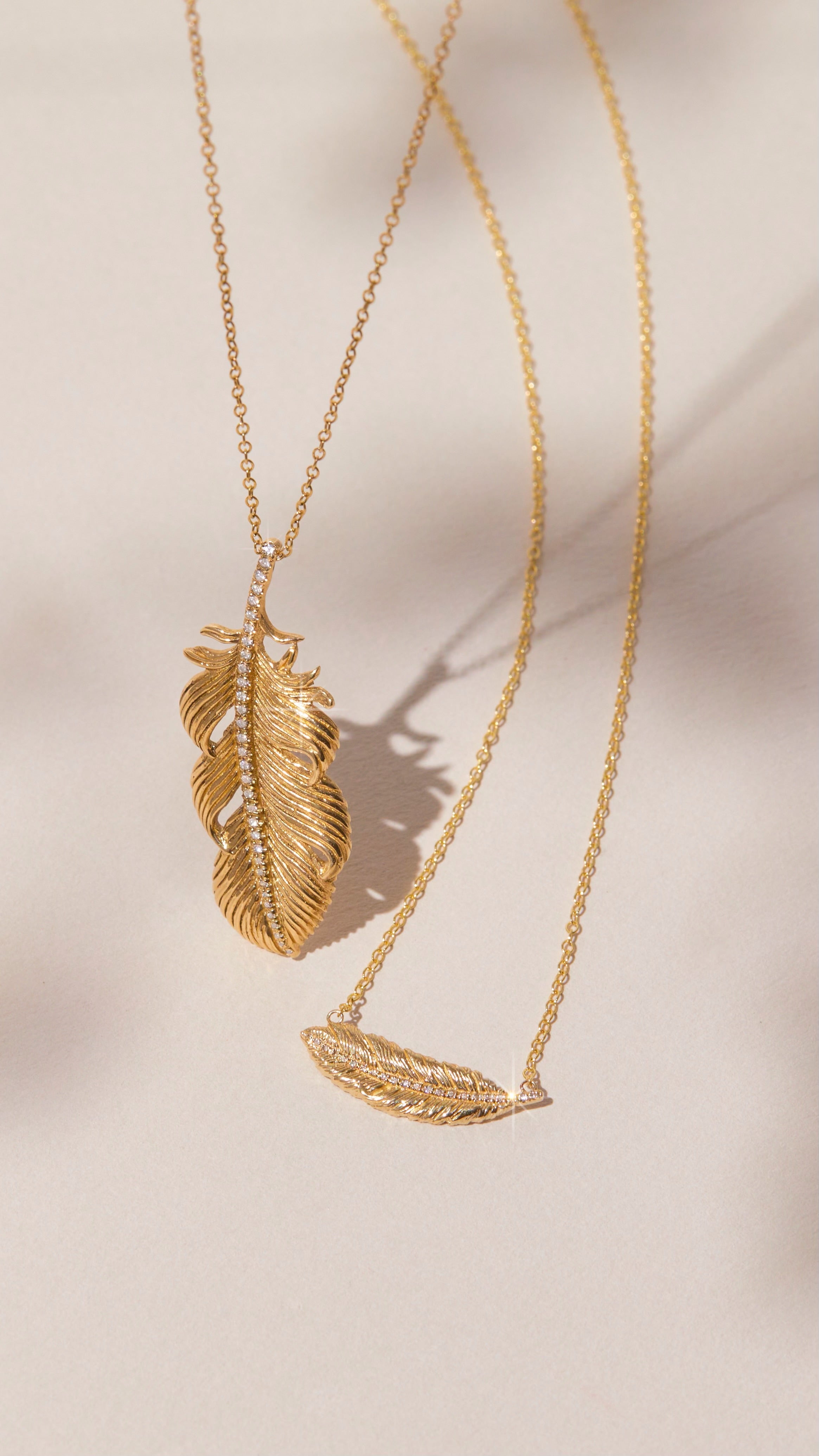 Large Feather Necklace with Diamonds Pendant Necklace Elisabeth Bell Jewelry