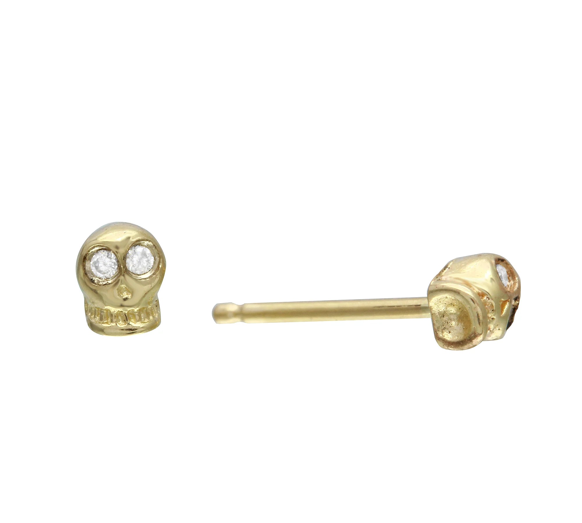 Tiny Skull Stud with Diamond Eyes Stud Earrings Jaine K Designs Pair Yellow Gold