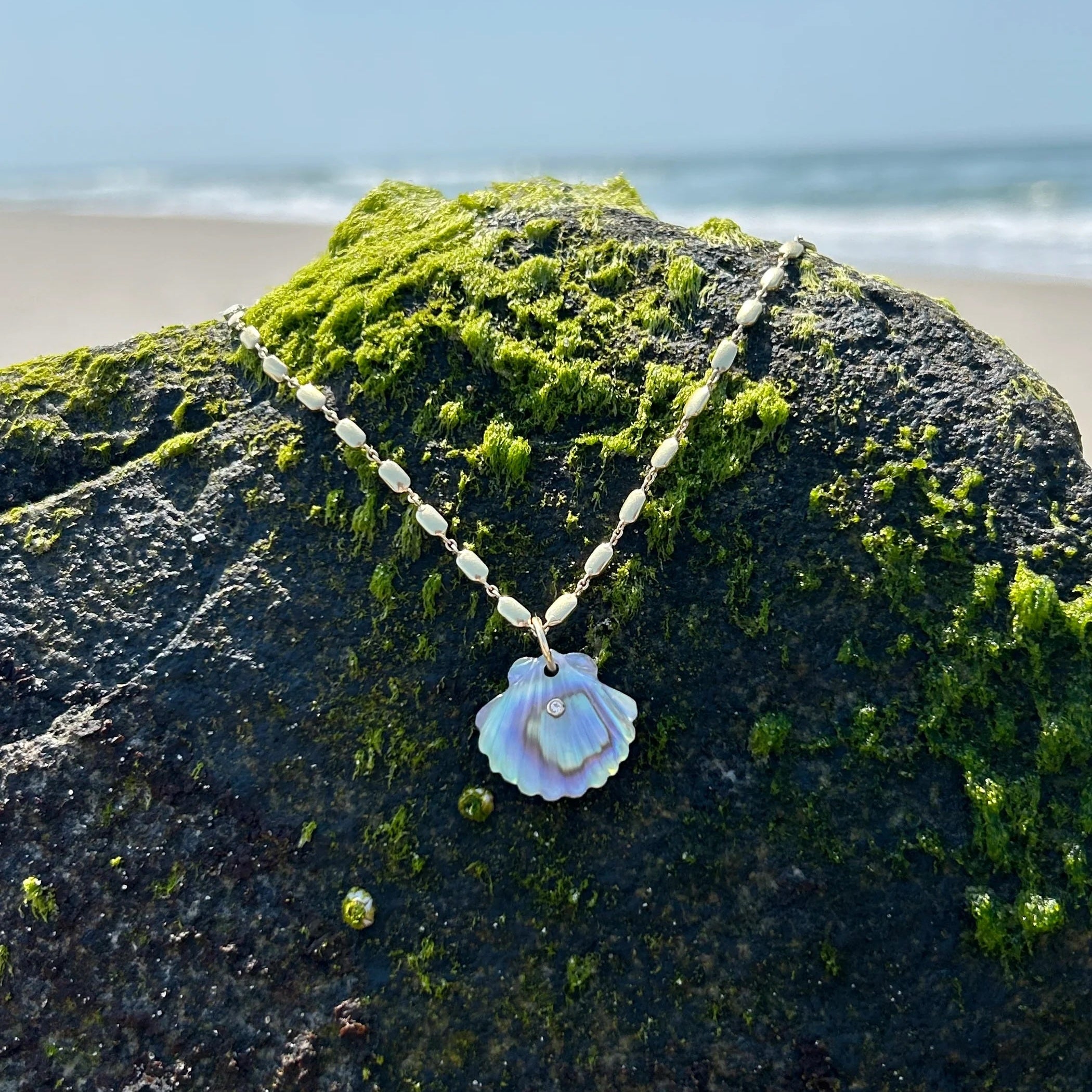 Luminescent Scallop Shell with Diamond Charm Maura Green
