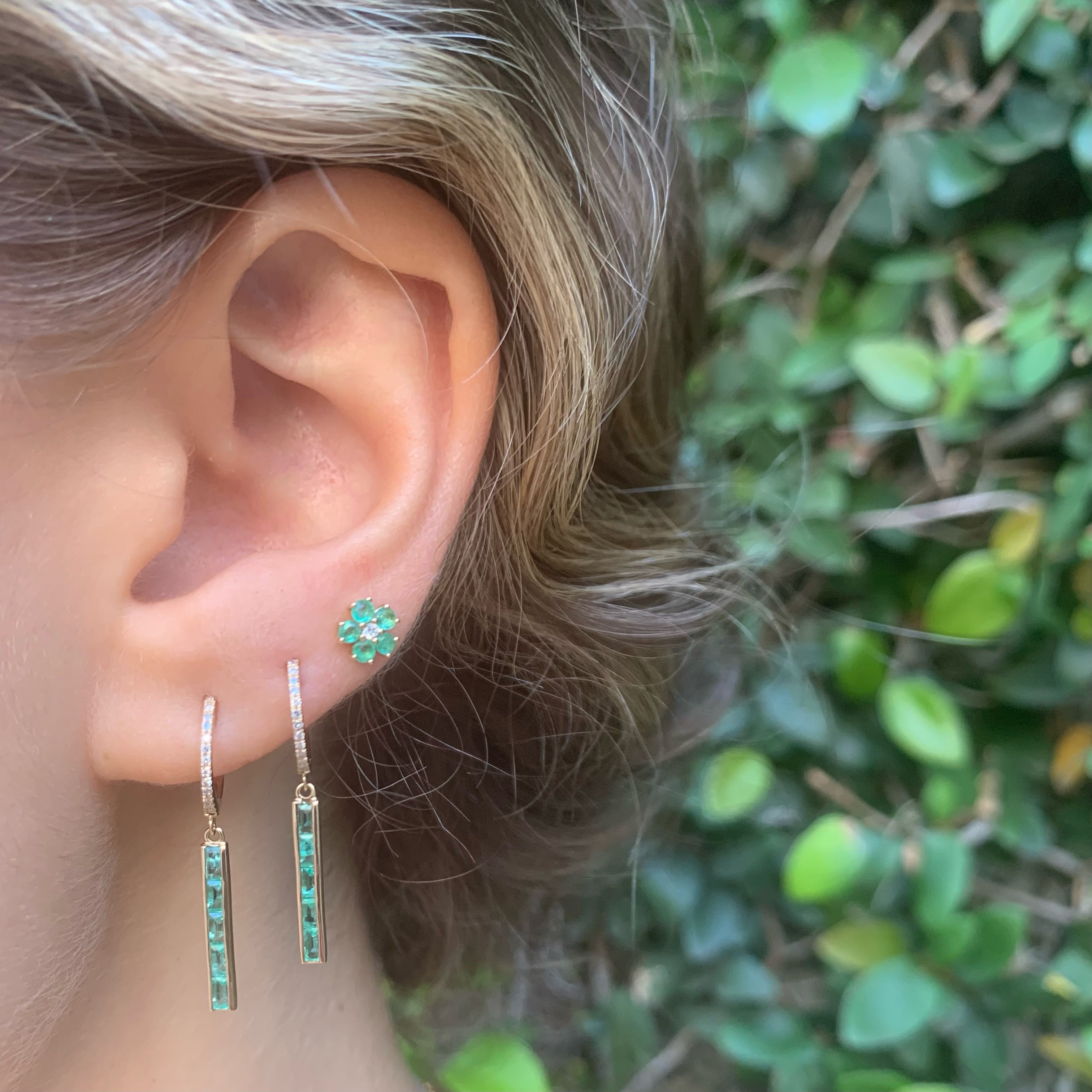 Diamond Emerald Linear-Drop Huggie Huggie Earrings Roseark Deux