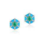 Hexagon Studs with Diamonds Stud Earrings Goshwara Emerald Turq Enamel