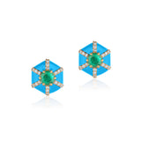 Hexagon Studs with Diamonds Stud Earrings Goshwara Emerald Turq Enamel