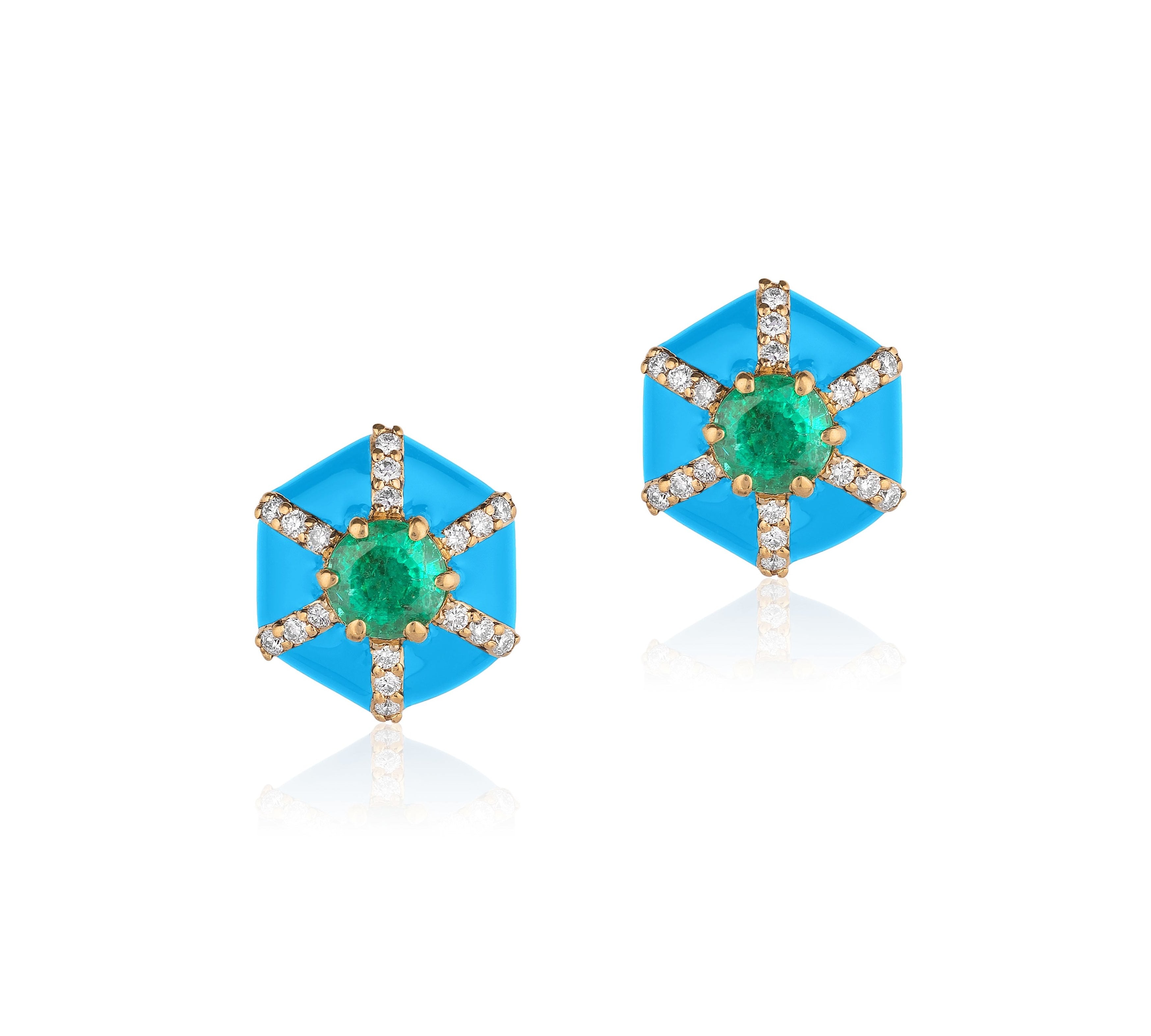 Hexagon Studs with Diamonds Stud Earrings Goshwara Emerald Turq Enamel