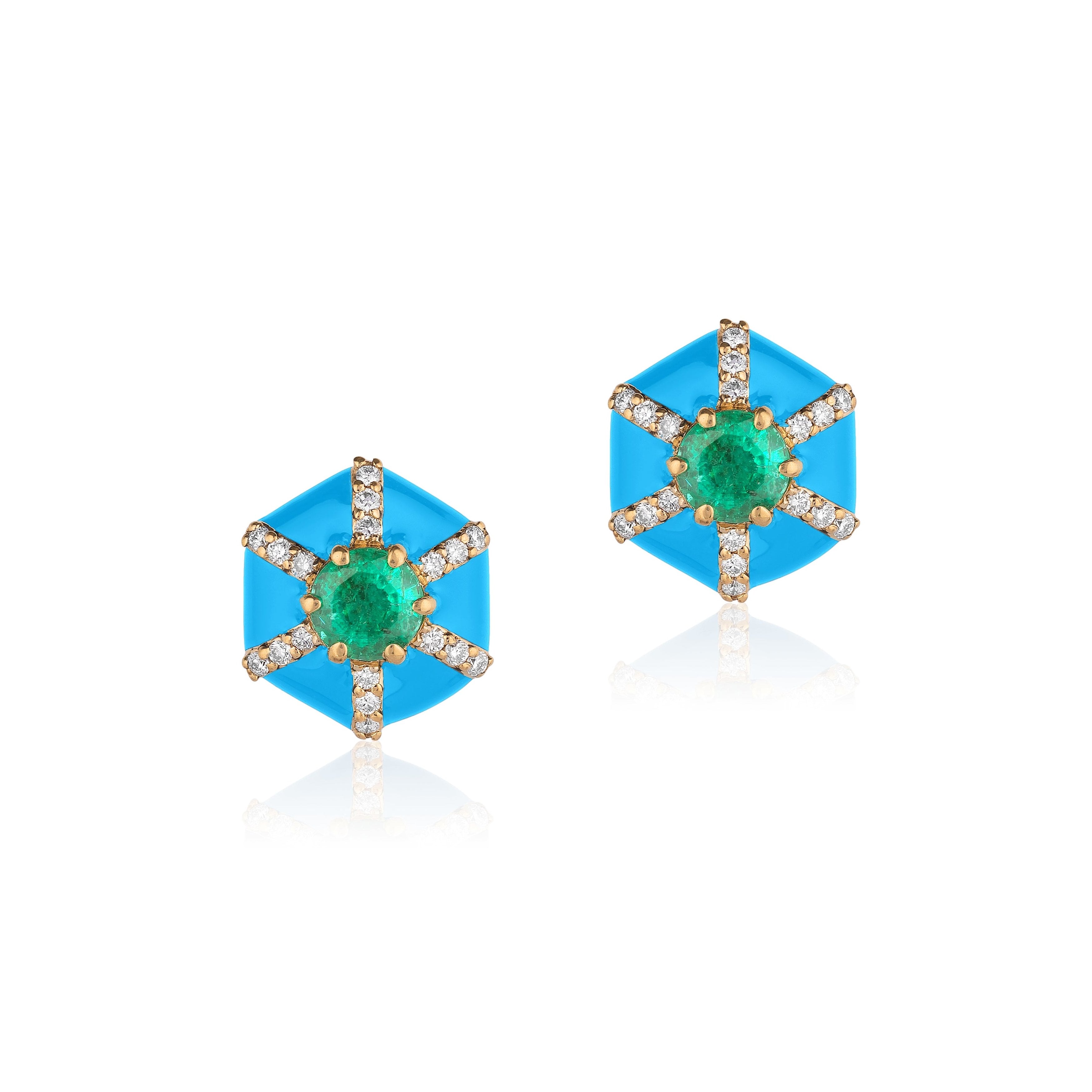 Hexagon Studs with Diamonds Stud Earrings Goshwara Emerald Turq Enamel