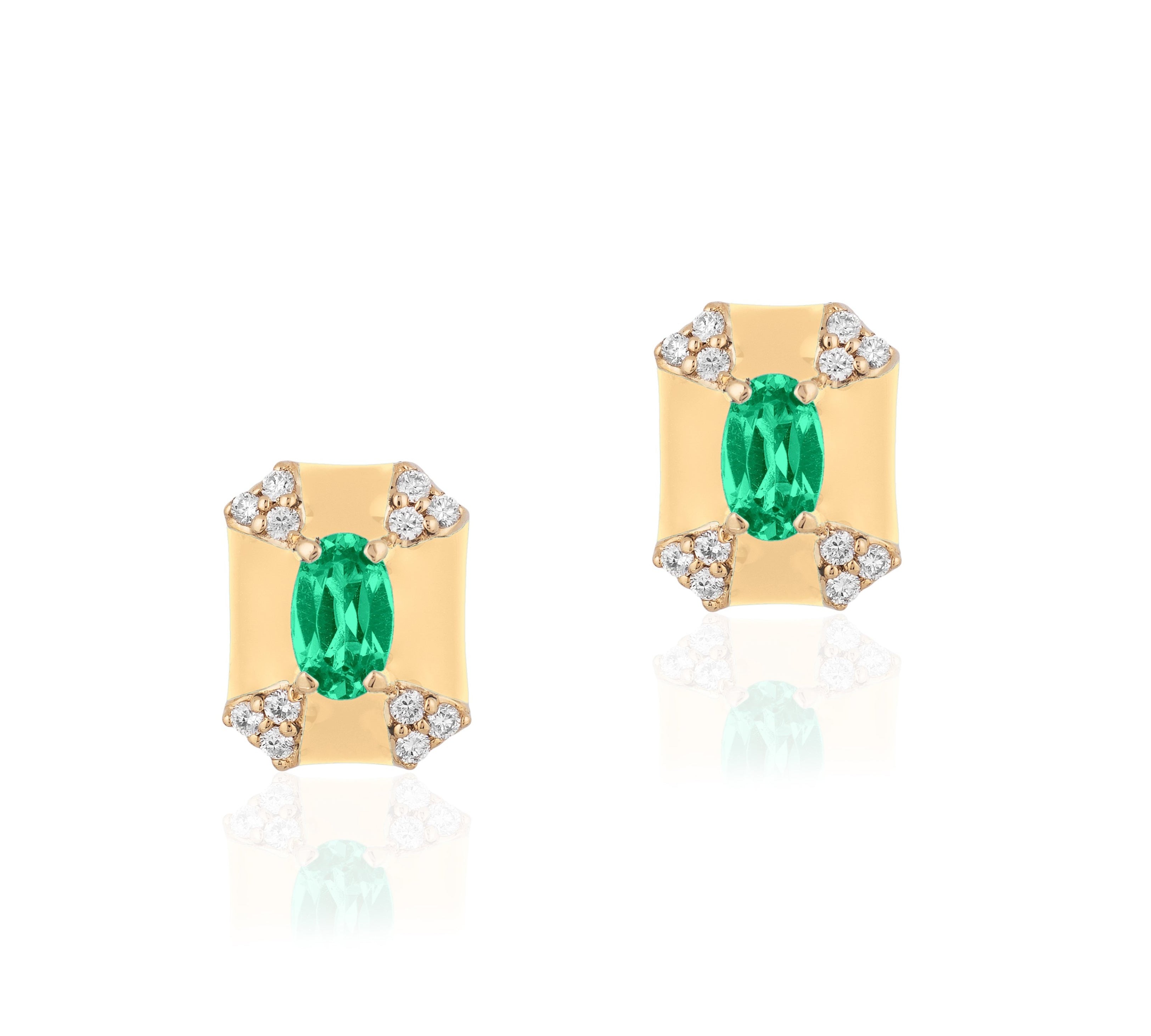 Octagon Enamel Studs with Diamonds Stud Earrings Goshwara Emerald Gold