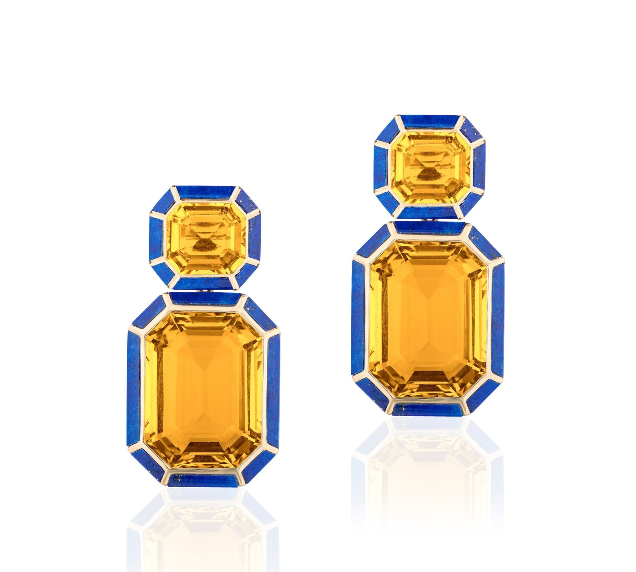Double Drop Inlay Earrings Statement Earrings Goshwara Citrine Lapis Lazuli