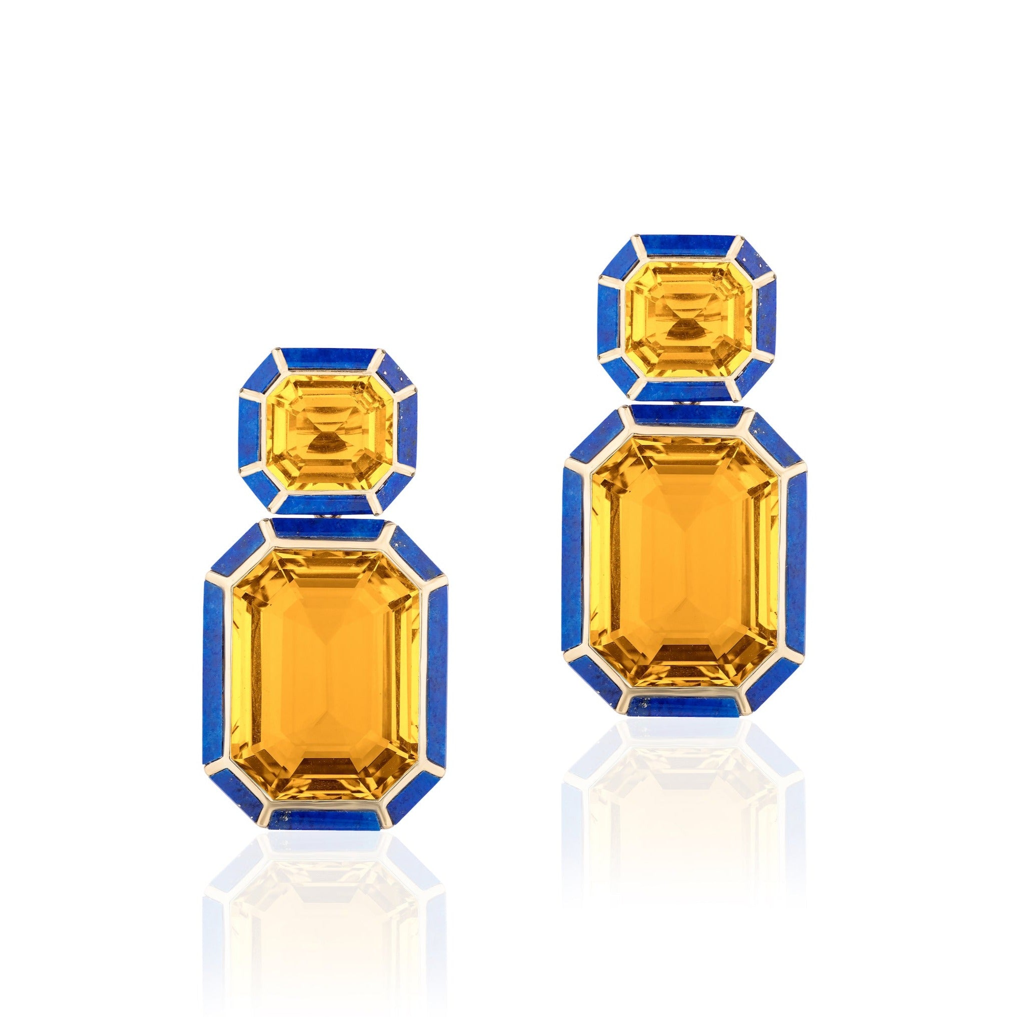 Double Drop Inlay Earrings Statement Earrings Goshwara Citrine Lapis Lazuli