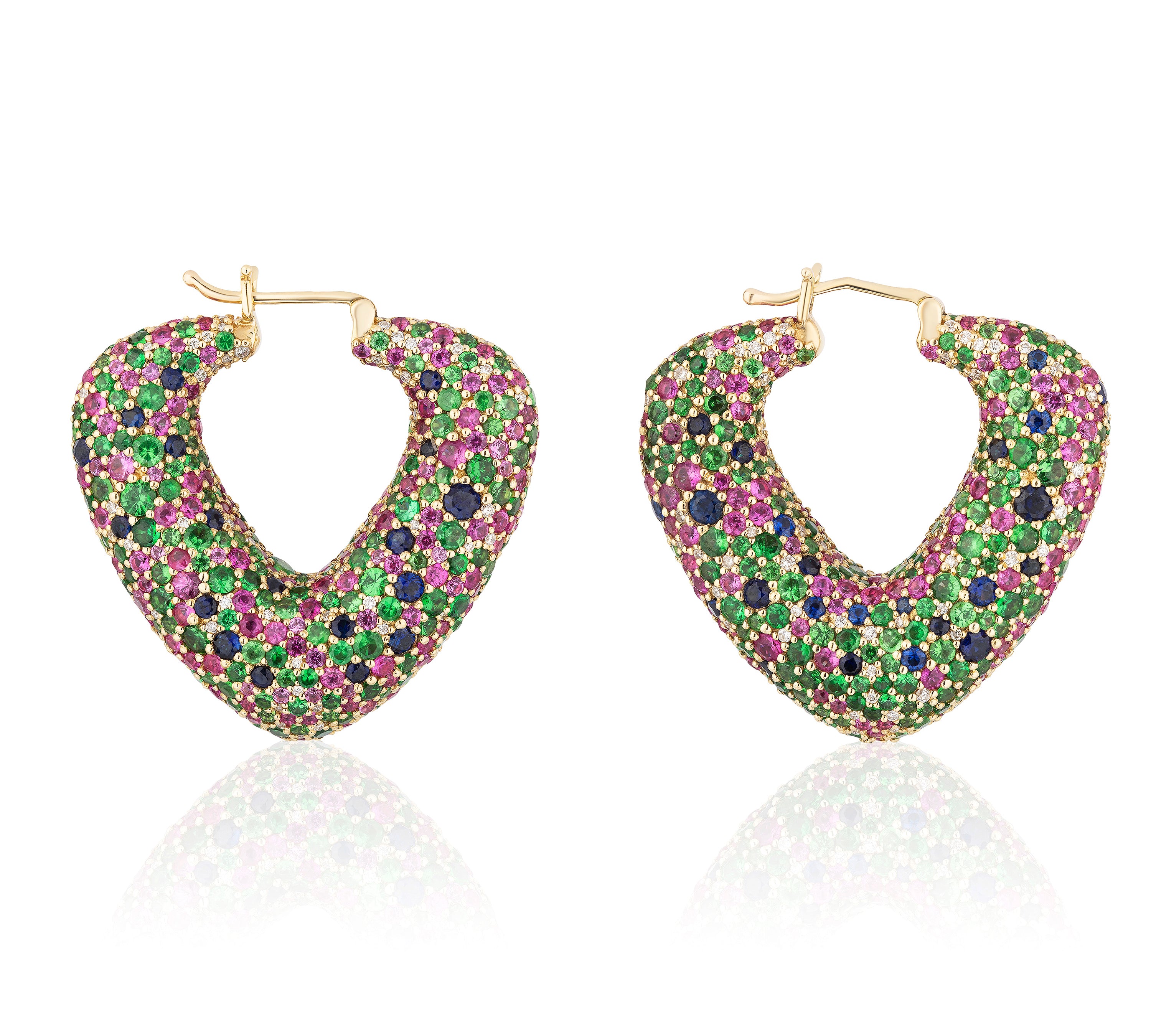 Multicolour Sapphire Tsavorite Hoop Earrings with Diamonds Statement Earrings Goshwara