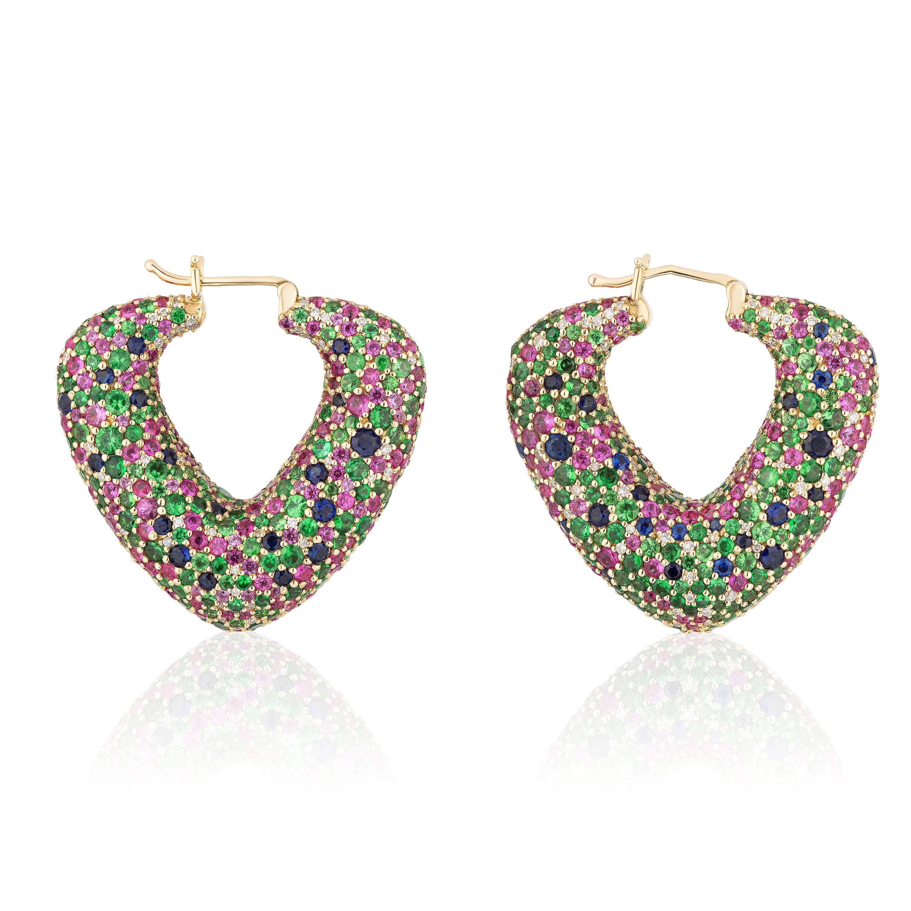 Multicolour Sapphire Tsavorite Hoop Earrings with Diamonds Statement Earrings Goshwara
