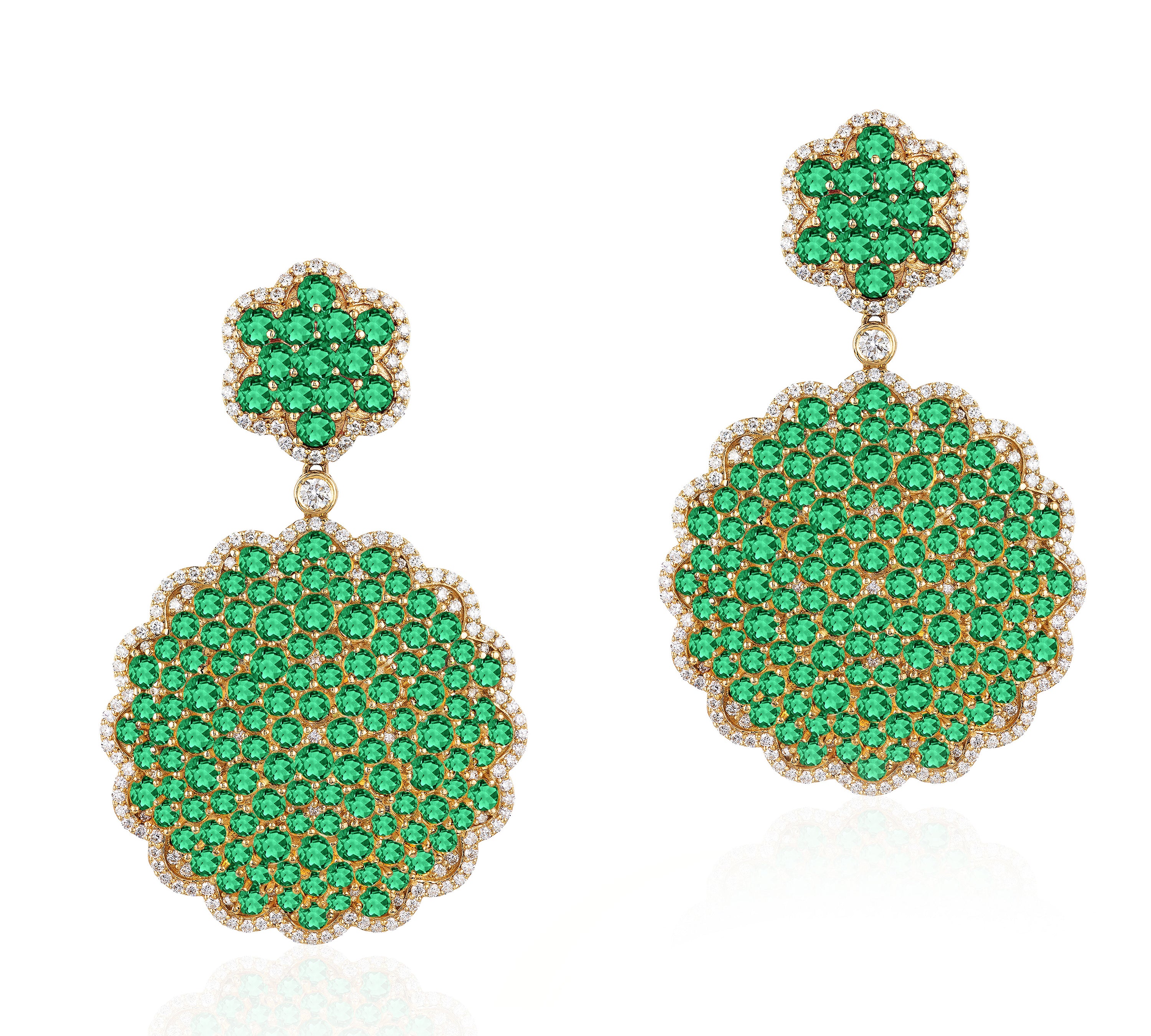 Faceted Emerald Earrings with Diamonds Statement Earrings Goshwara