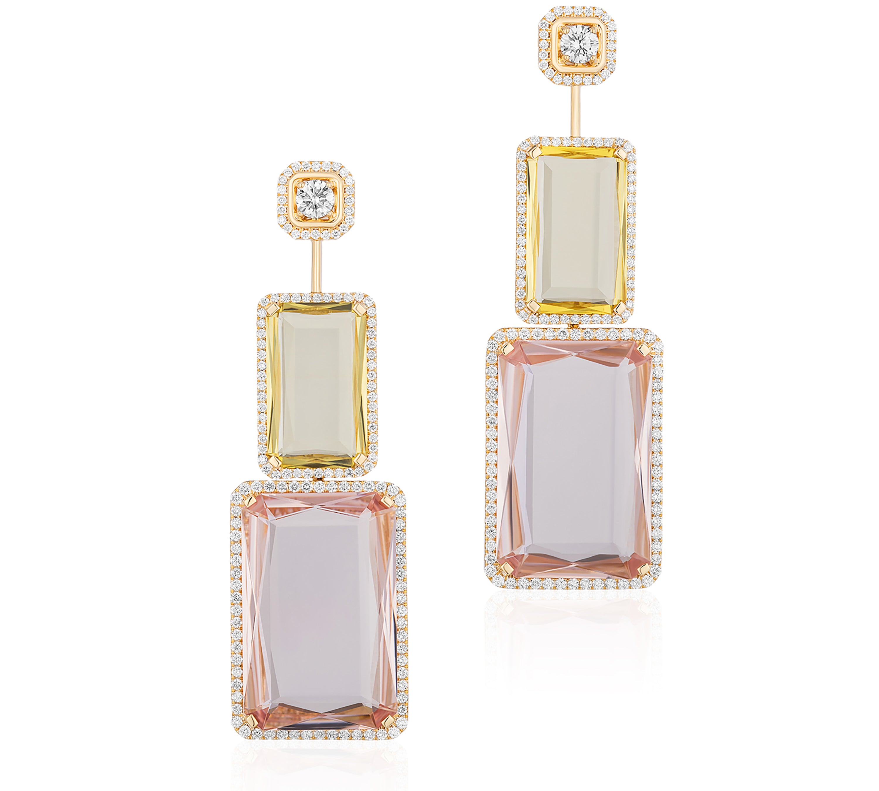 Beryl Morganite Emerald-Cut Earrings with Diamonds Statement Earrings Goshwara