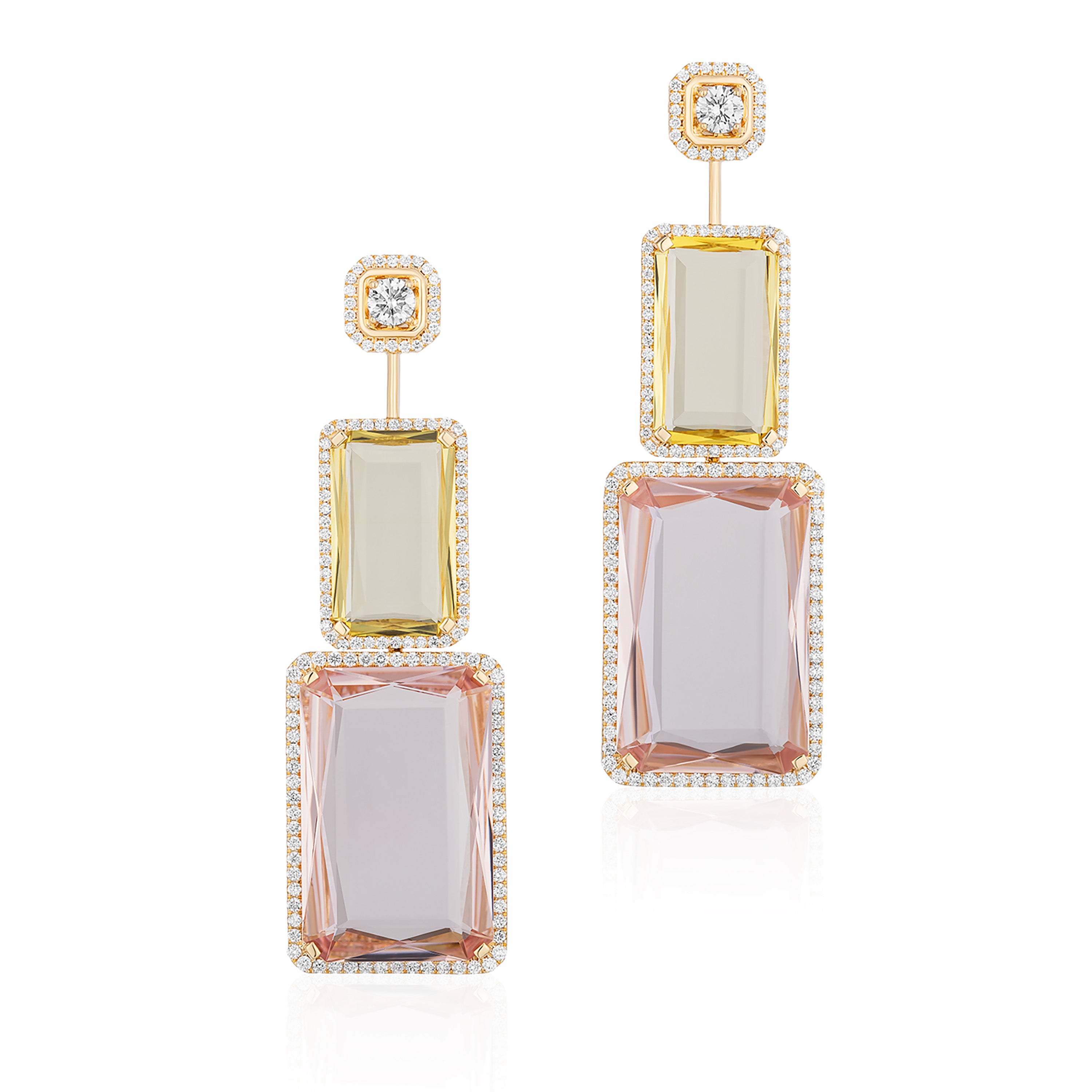 Beryl Morganite Emerald-Cut Earrings with Diamonds Statement Earrings Goshwara