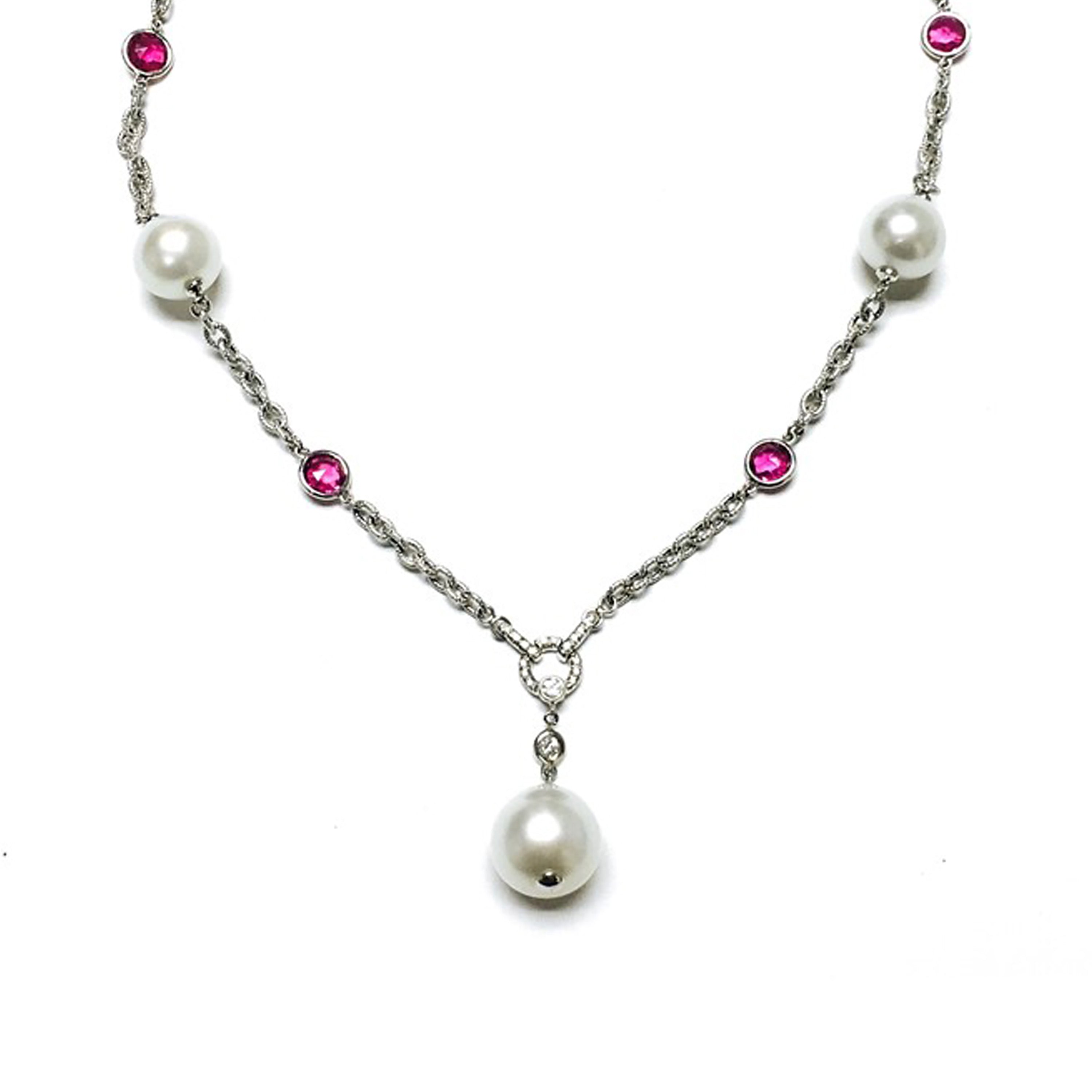 Rubellite South Sea Pearl Drop Necklace with Diamonds Statement Necklace Goshwara